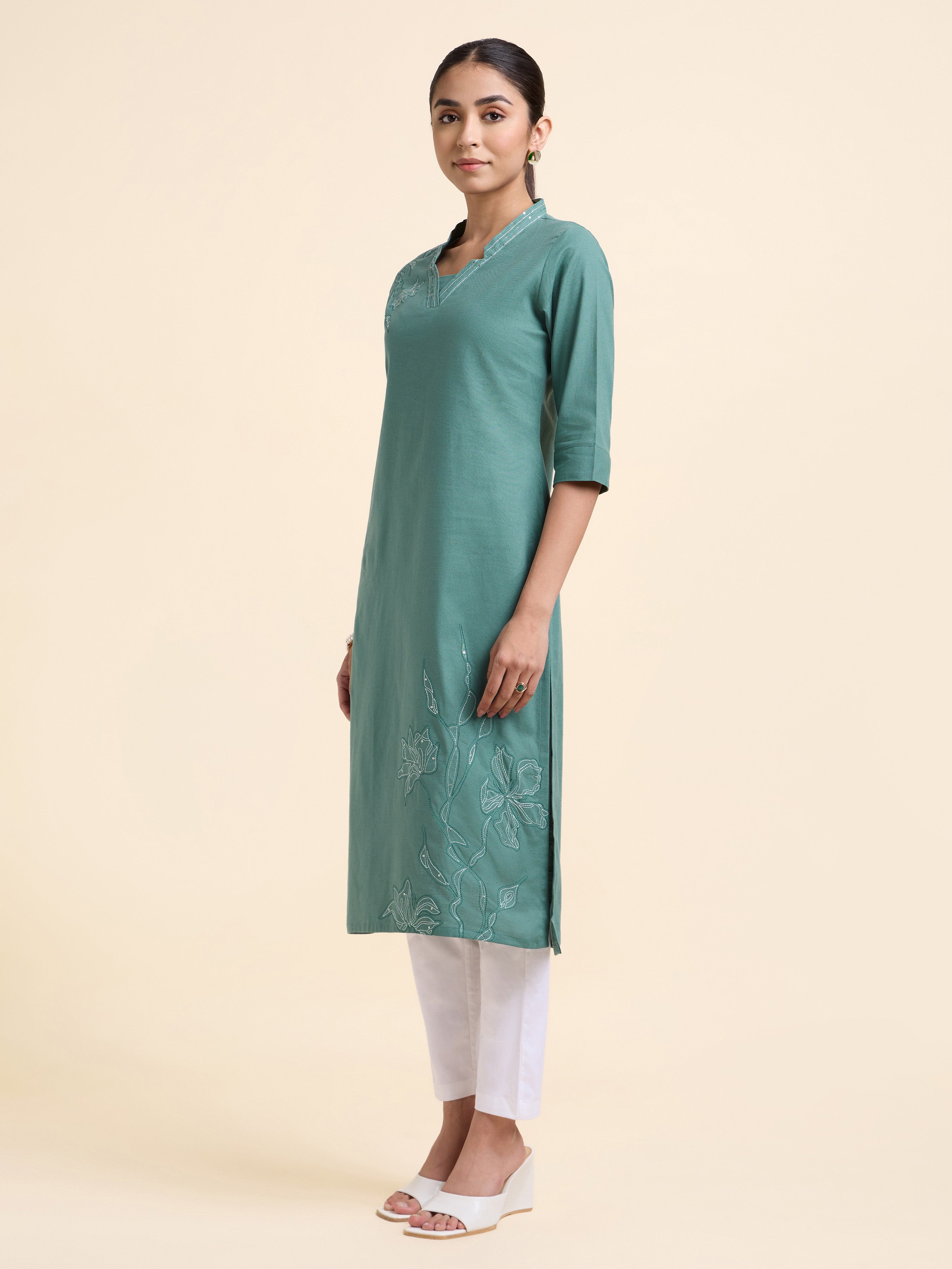 Light Teal Cotton Flax Plain Slitted Kurti With Embroidery