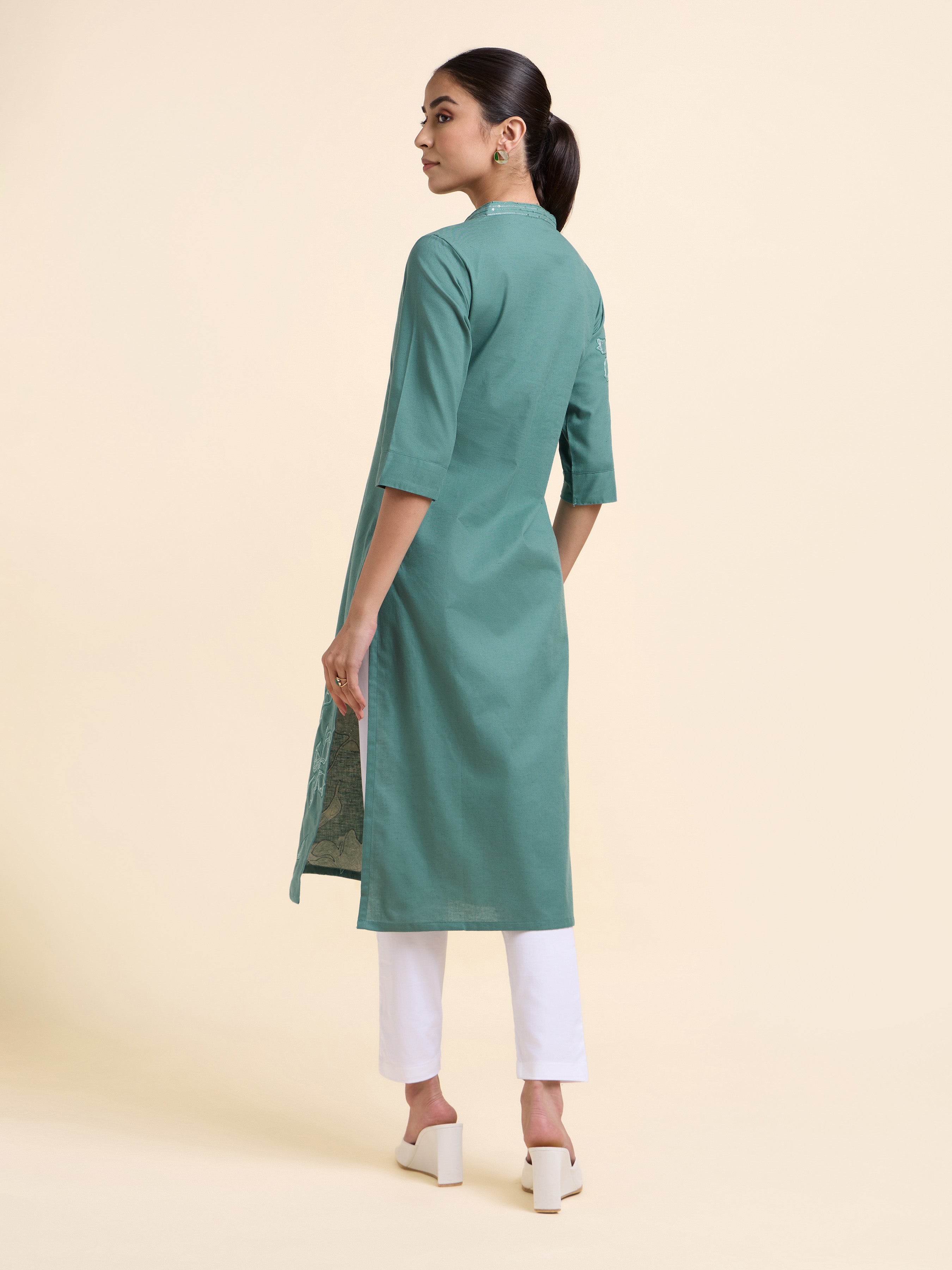 Light Teal Cotton Flax Plain Slitted Kurti With Embroidery