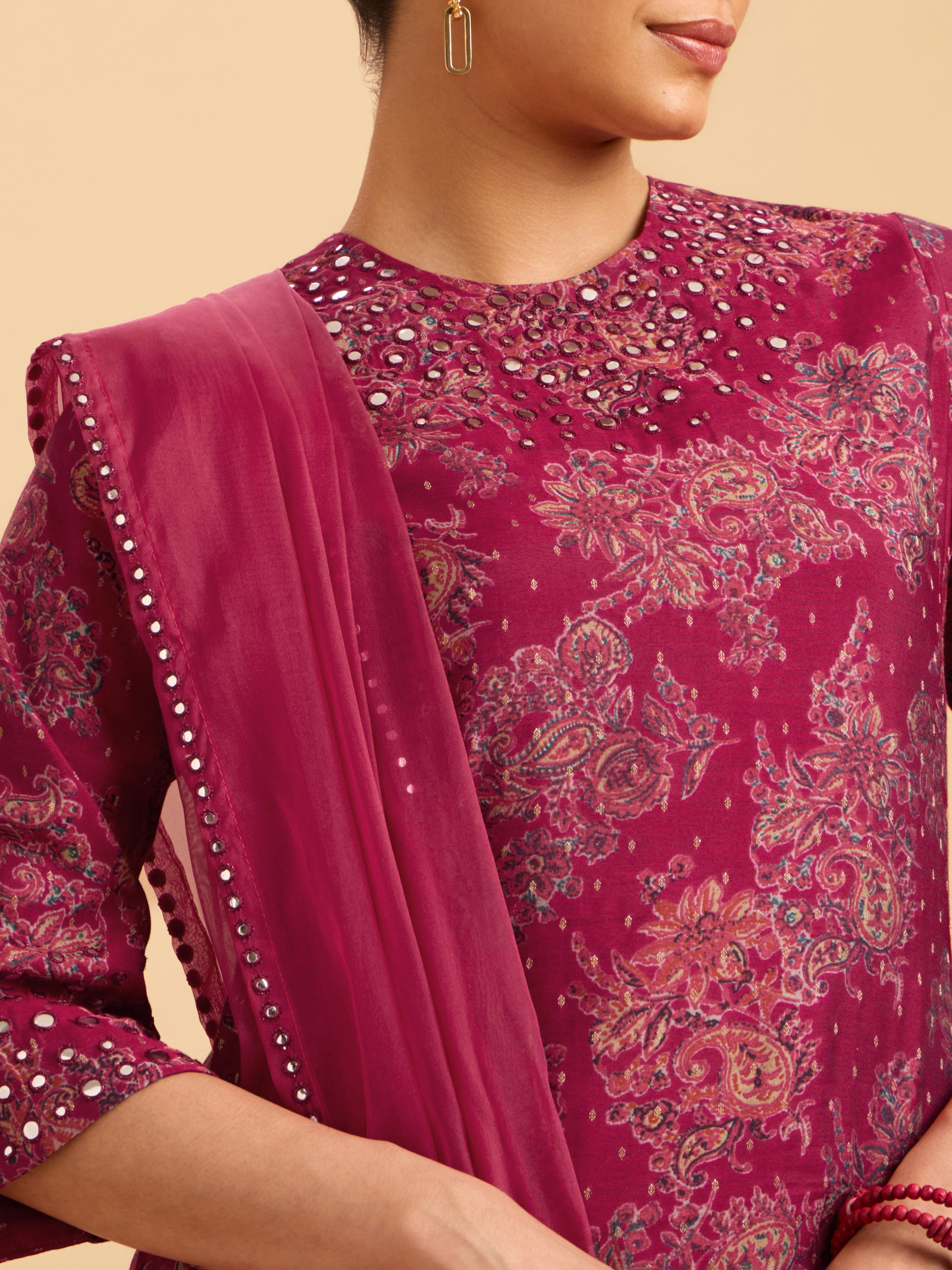 Magenta Multi Colour Modal Chanderi Printed Kurta Set With Mirror Work Embroidery And Dupatta