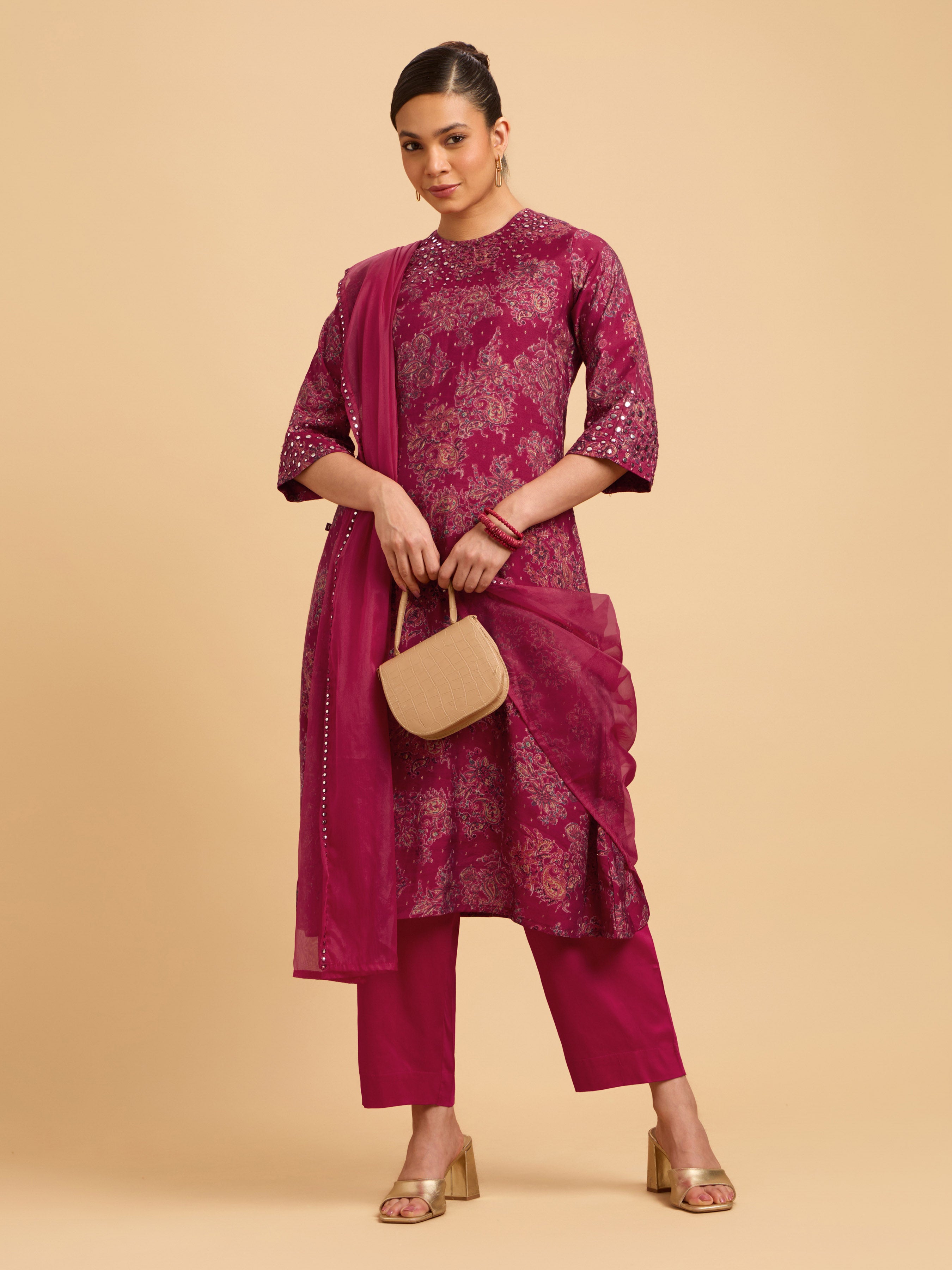 Magenta Multi Colour Modal Chanderi Printed Kurta Set With Mirror Work Embroidery And Dupatta