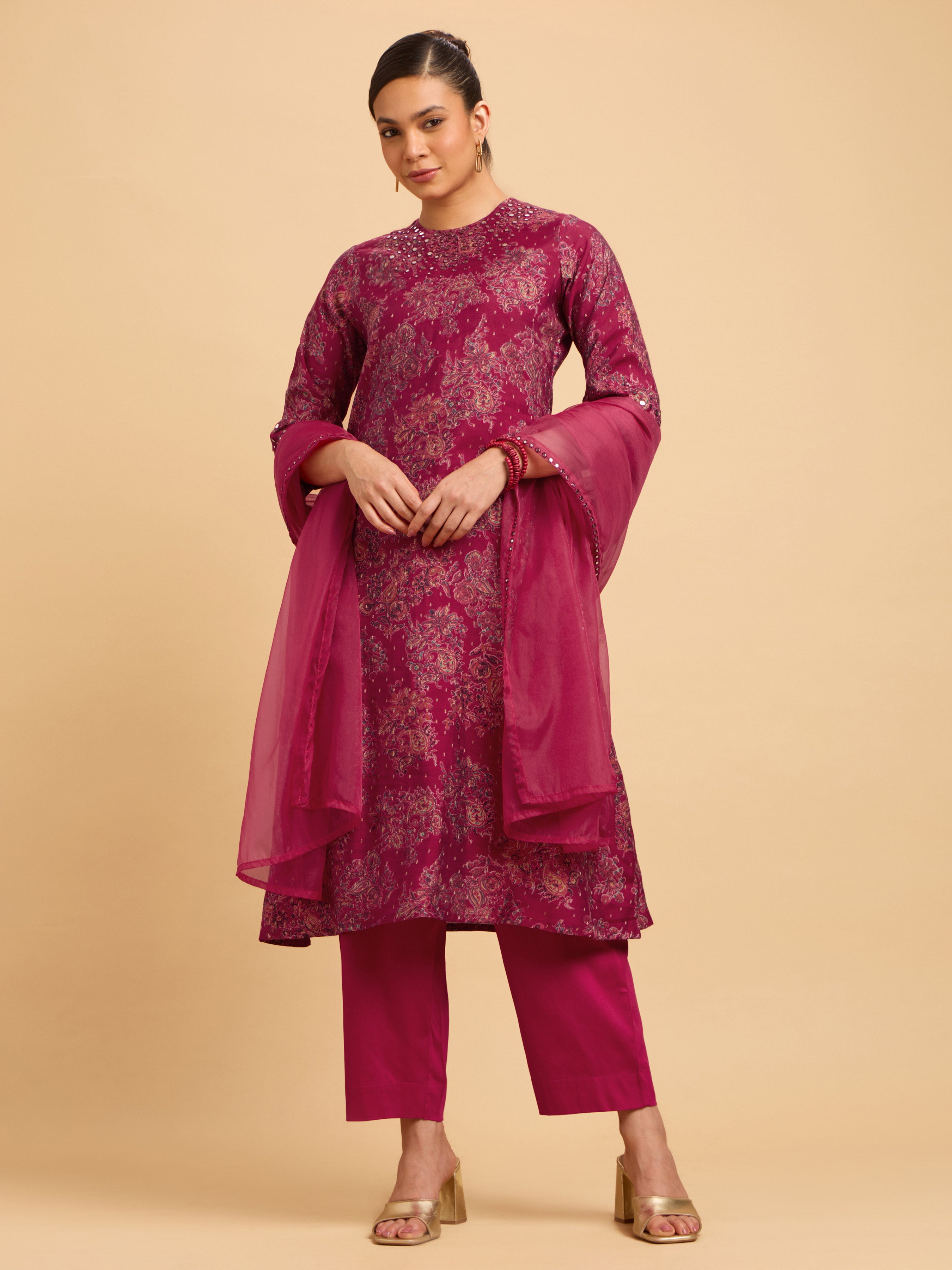 Magenta Multi Colour Modal Chanderi Printed Kurta Set With Mirror Work Embroidery And Dupatta