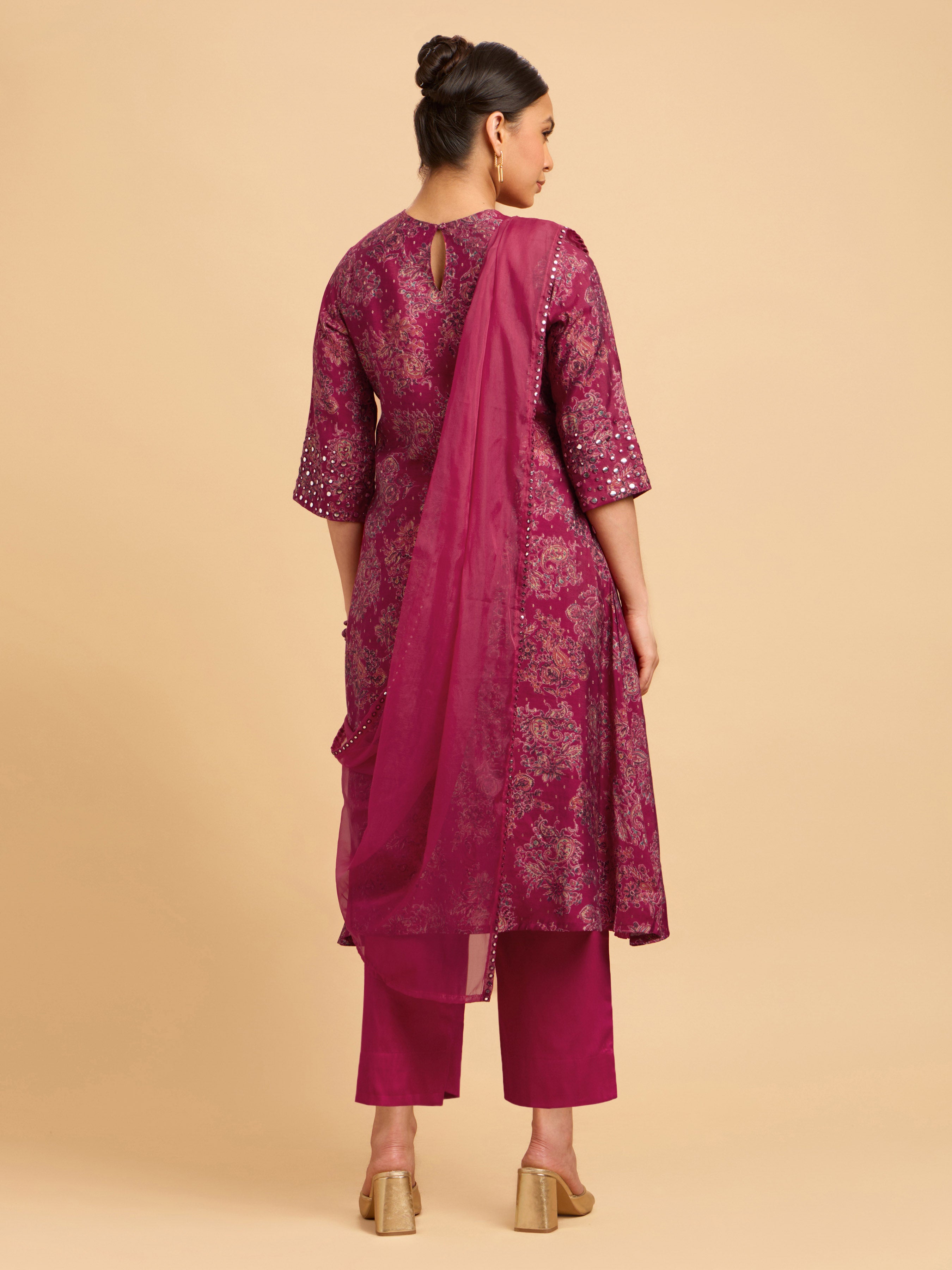 Magenta Multi Colour Modal Chanderi Printed Kurta Set With Mirror Work Embroidery And Dupatta