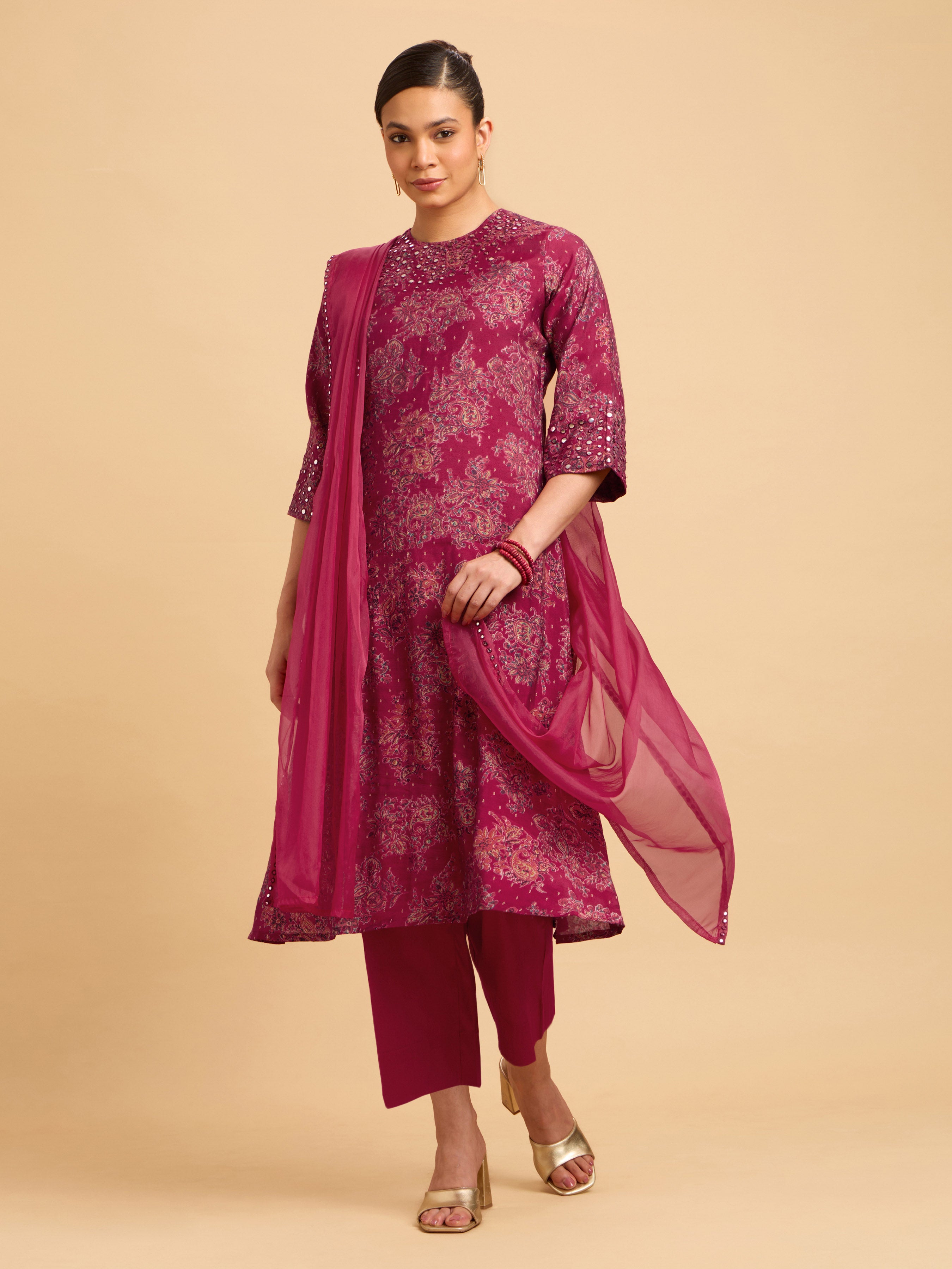 Magenta Multi Colour Modal Chanderi Printed Kurta Set With Mirror Work Embroidery And Dupatta