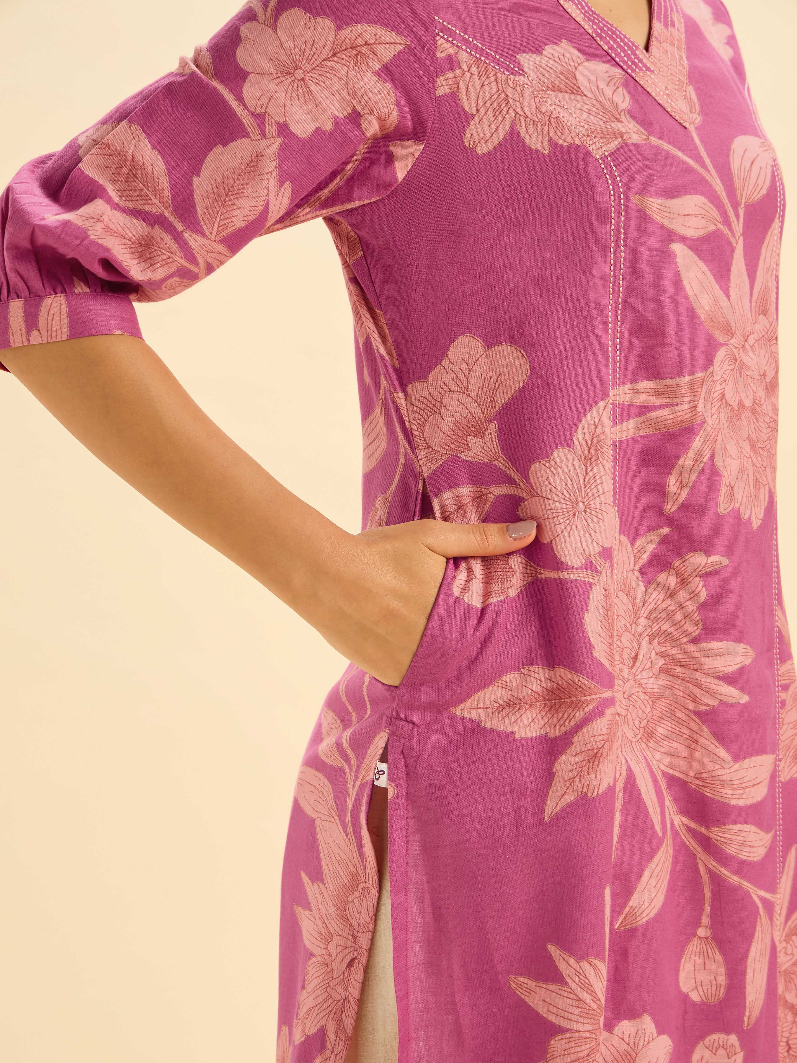 Majenta Beige Cottonf Fax Print Slited Kurti With Princess Cut And Embroidery