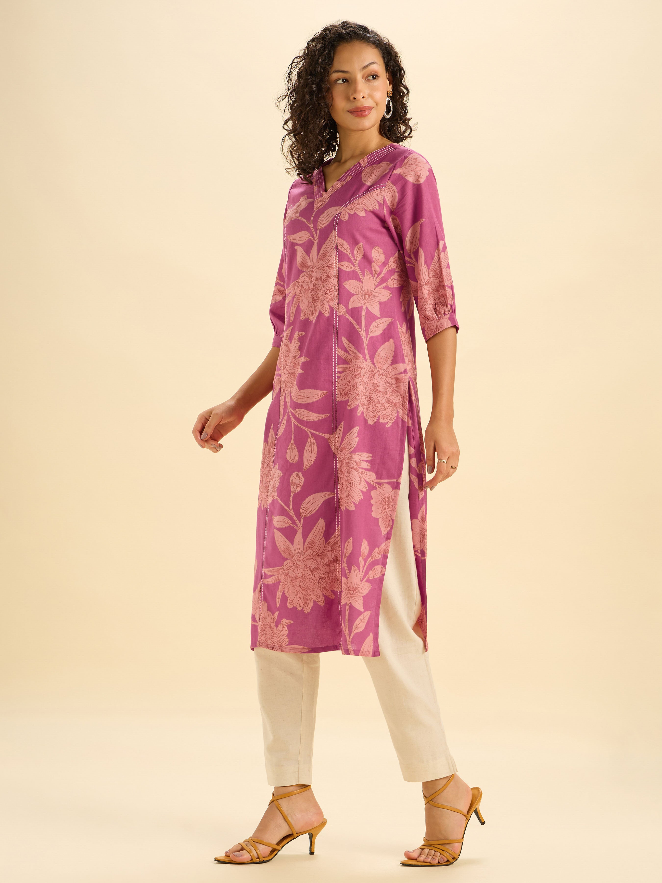 Majenta Beige Cottonf Fax Print Slited Kurti With Princess Cut And Embroidery