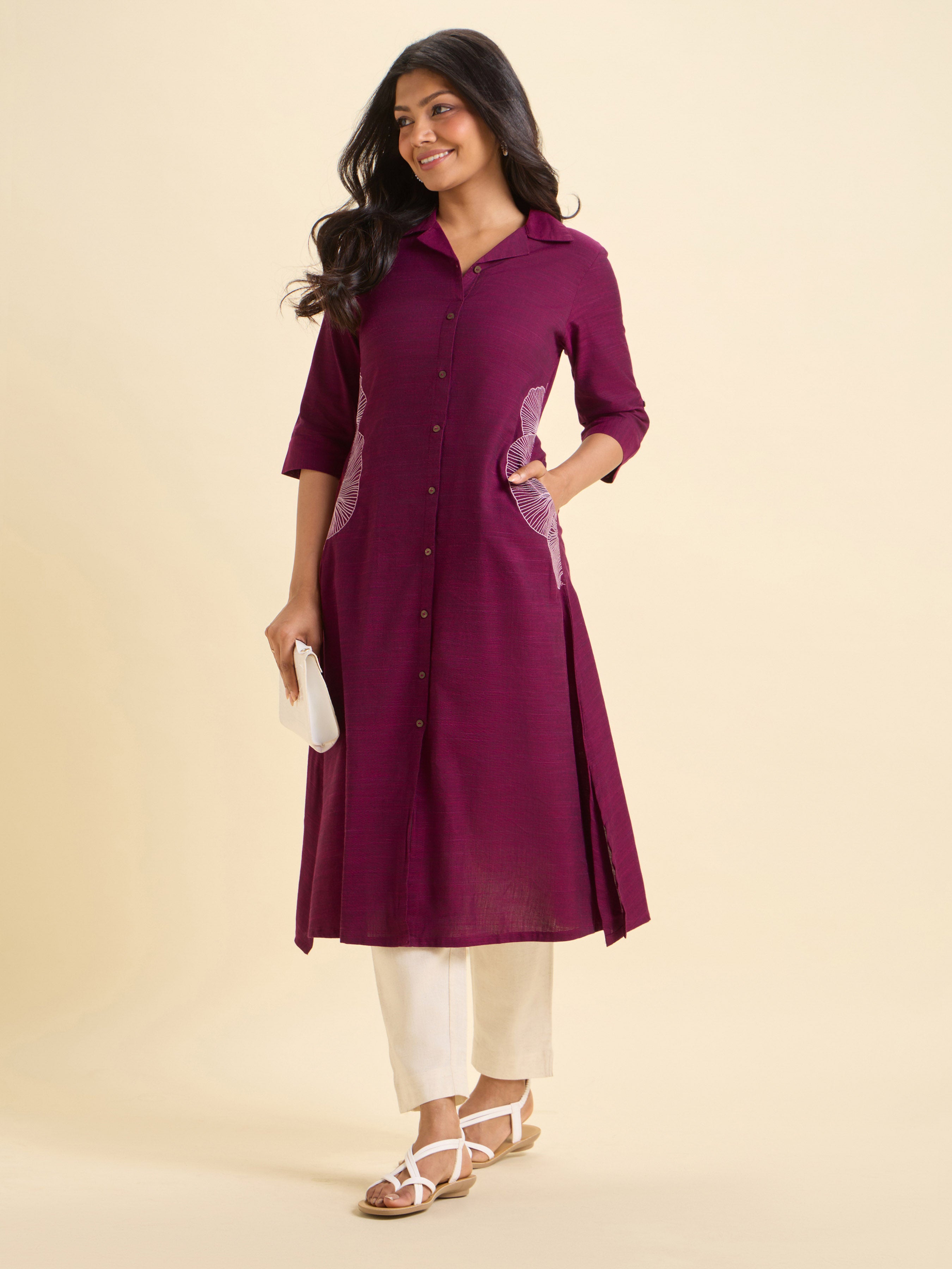 Majenta Cotton Viscose Slub Flared Kurti With Curved Hem And Embroidery