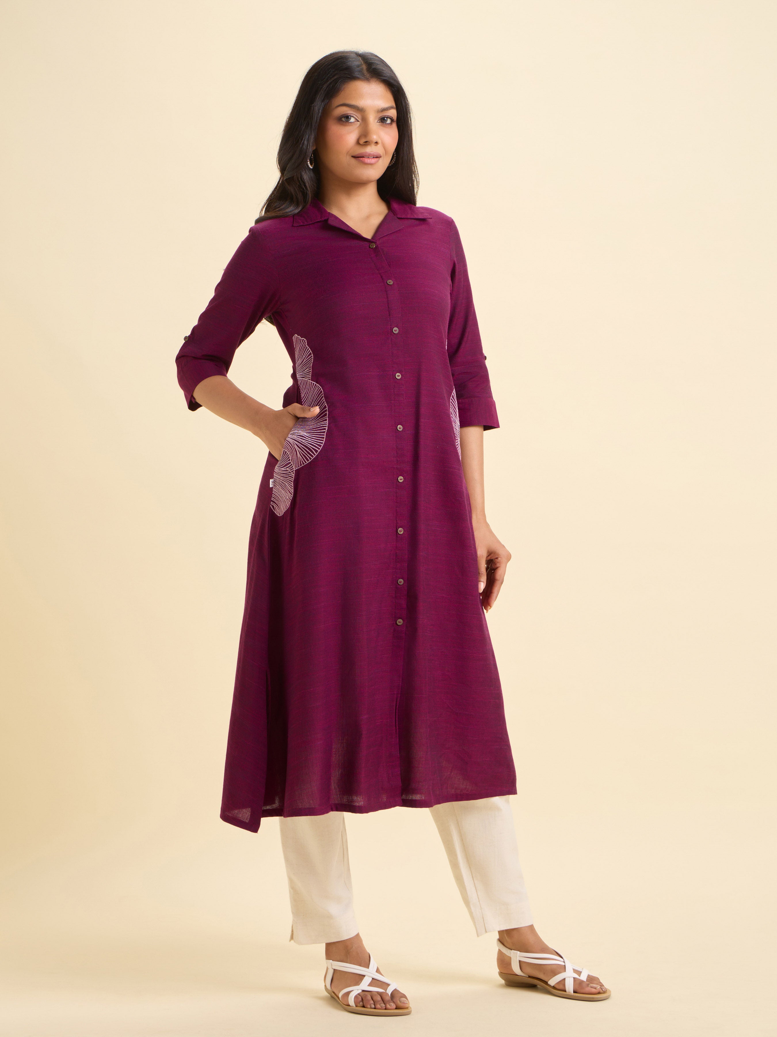 Majenta Cotton Viscose Slub Flared Kurti With Curved Hem And Embroidery