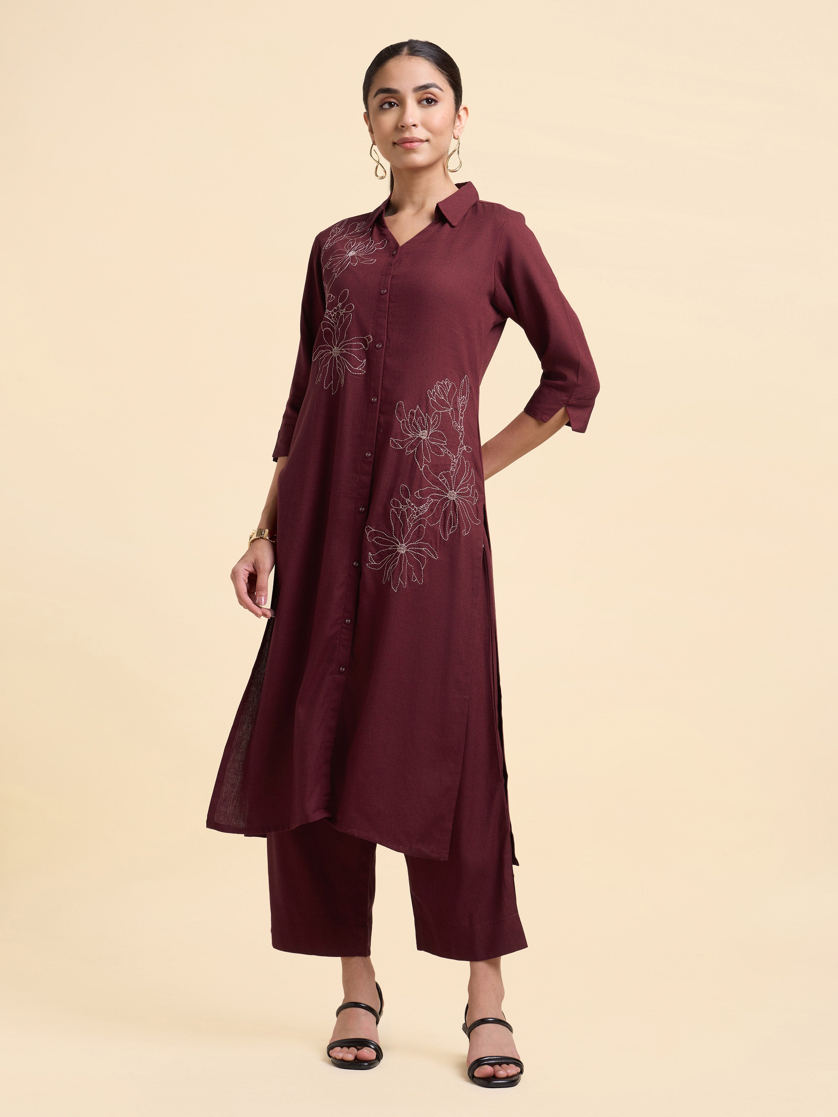 Maroon Viscose Linen Plain Slitted Kurti Set With Embroidery