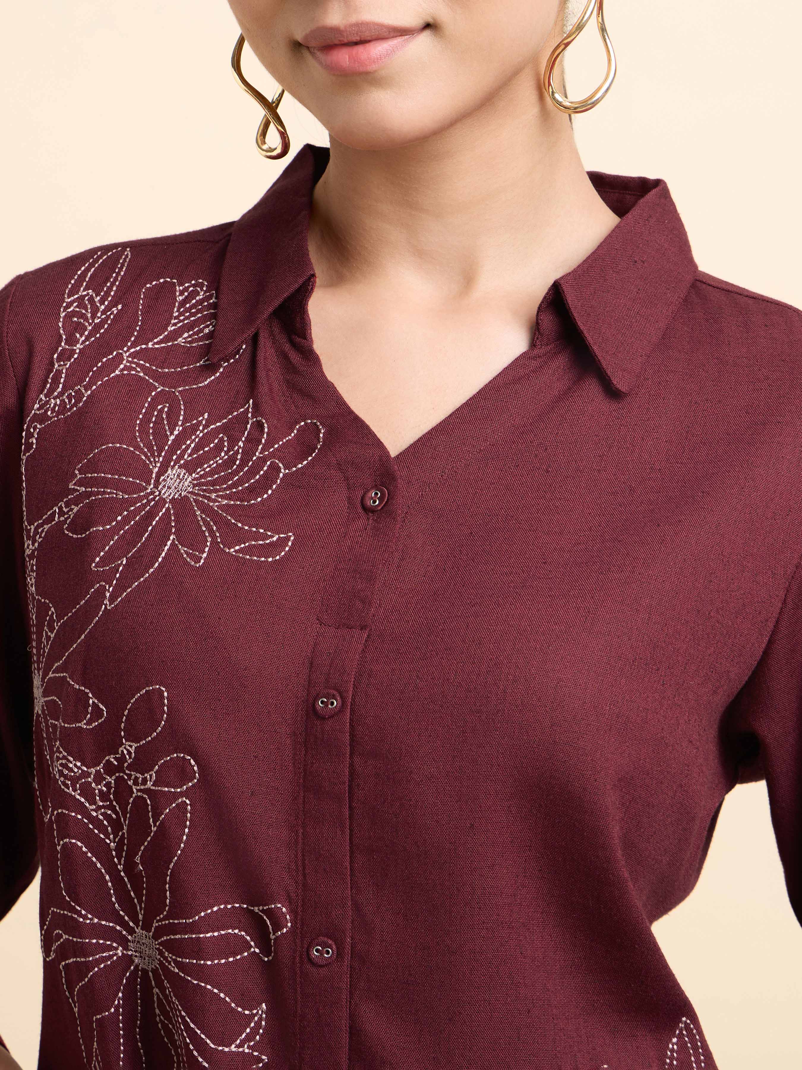 Maroon Viscose Linen Plain Slitted Kurti Set With Embroidery