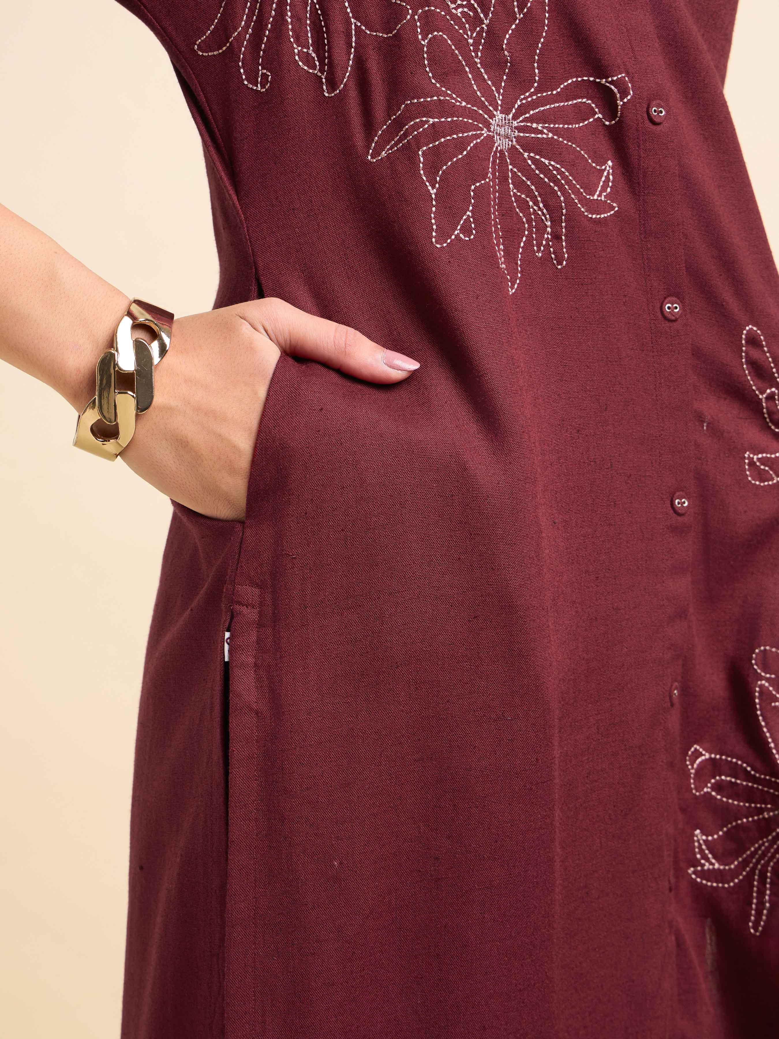 Maroon Viscose Linen Plain Slitted Kurti Set With Embroidery