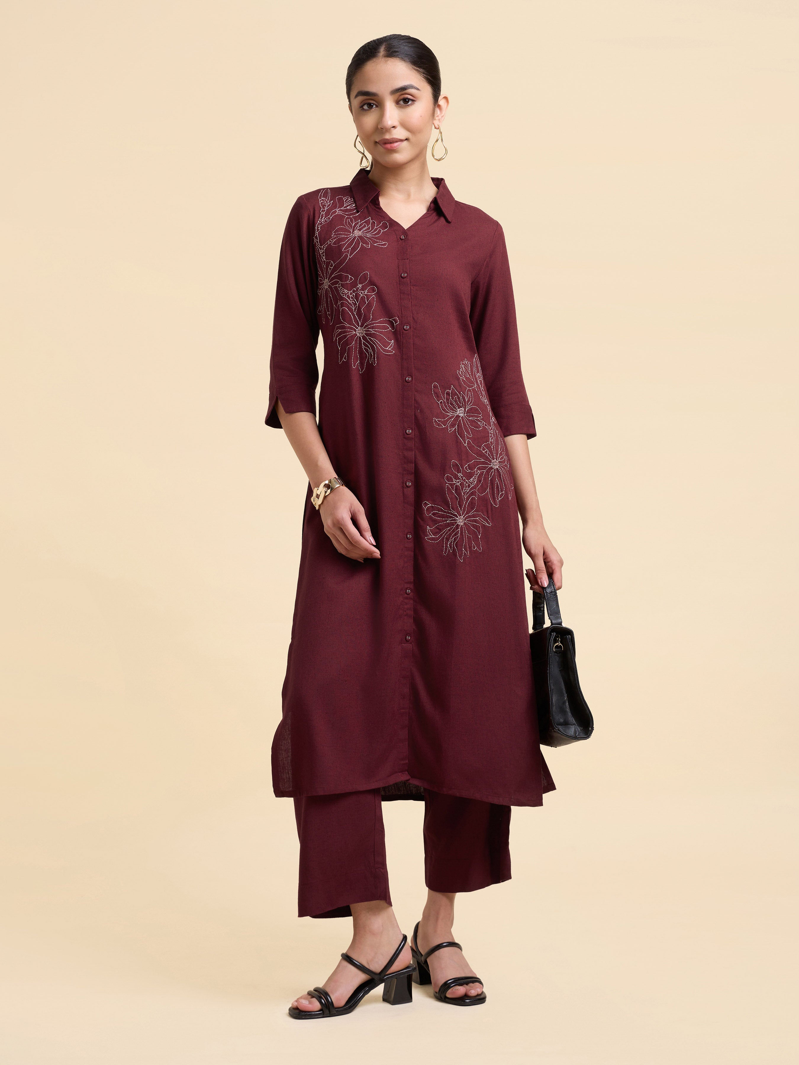 Maroon Viscose Linen Plain Slitted Kurti Set With Embroidery