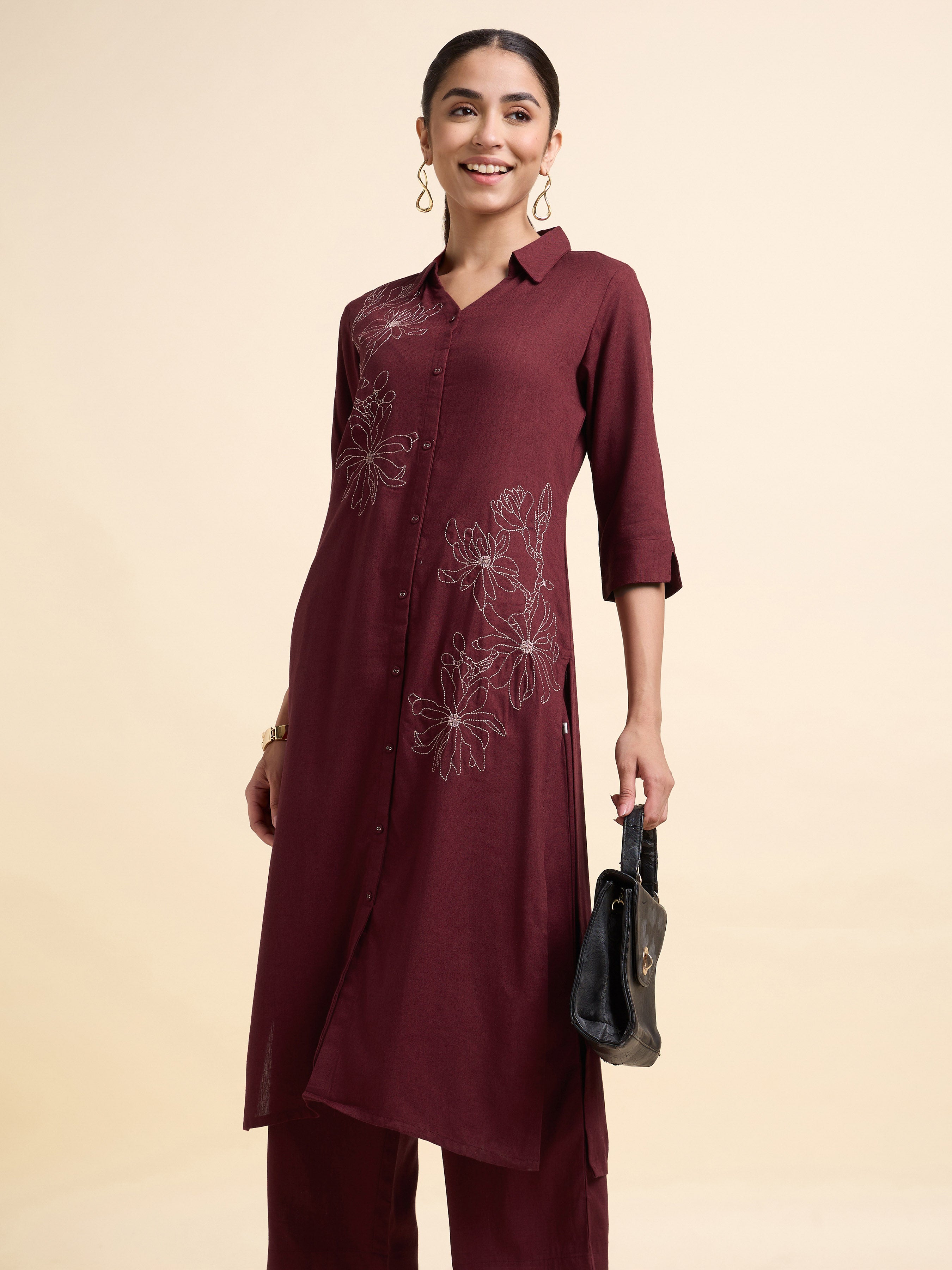 Maroon Viscose Linen Plain Slitted Kurti Set With Embroidery