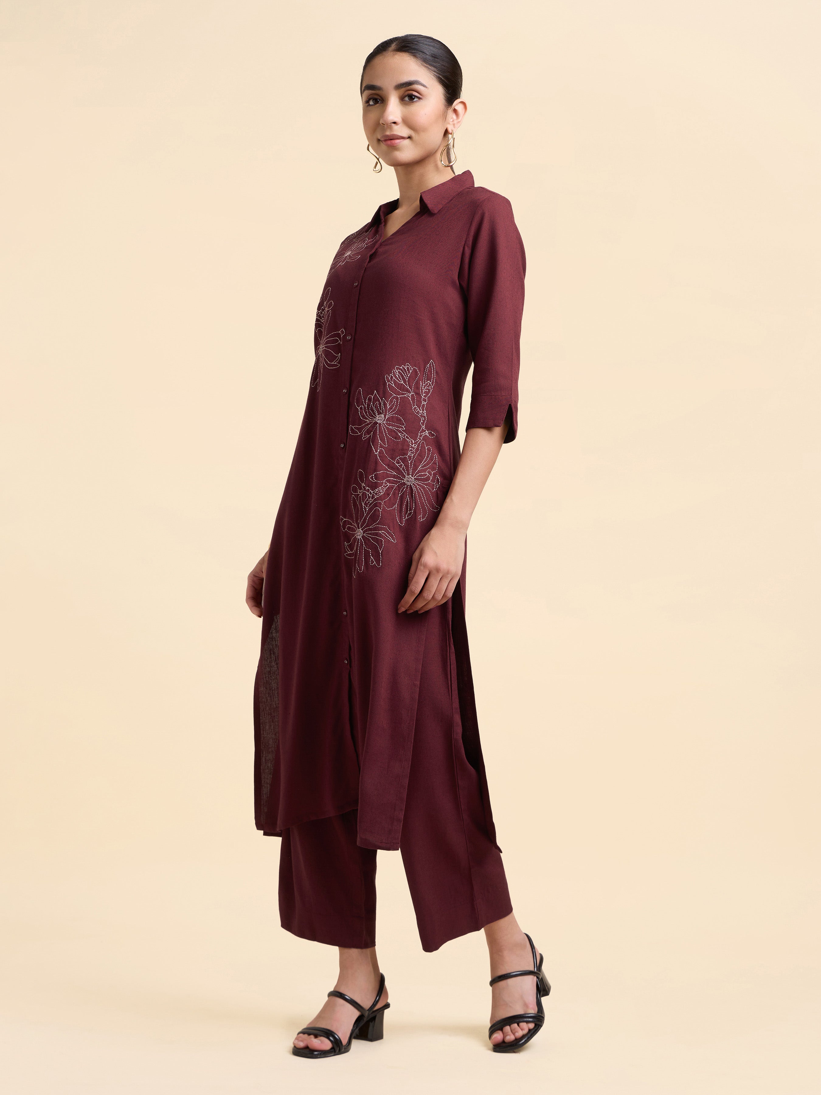 Maroon Viscose Linen Plain Slitted Kurti Set With Embroidery