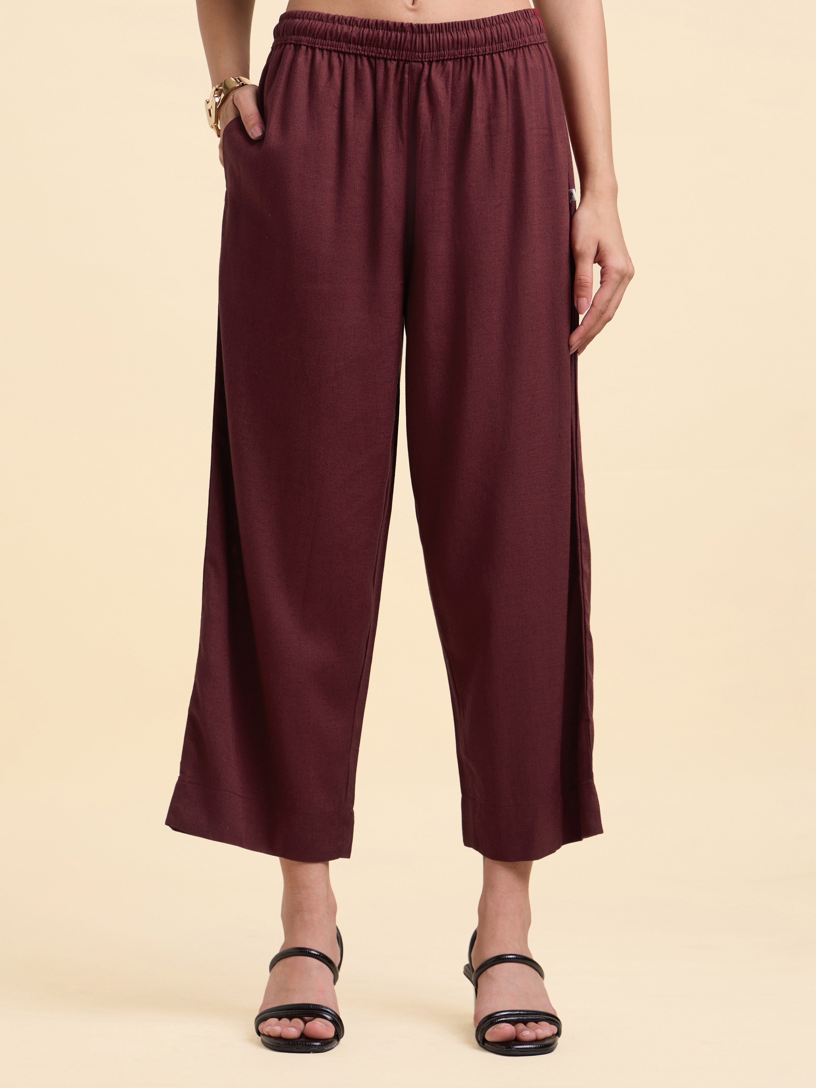 Maroon Viscose Linen Plain Slitted Kurti Set With Embroidery