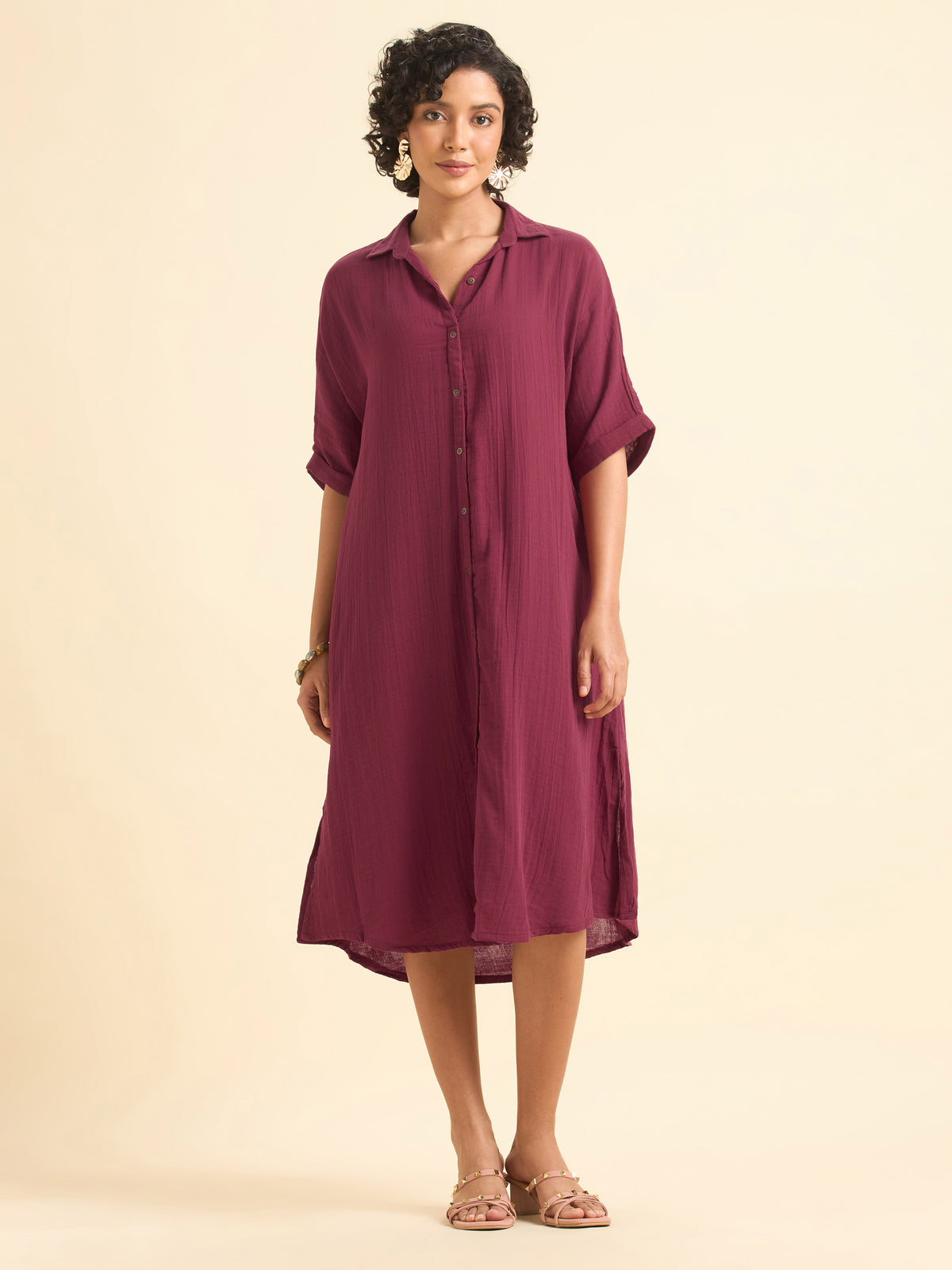 Maroon Cotton Double Cloth Centre Cut Relaxed Fit Kaftan With Liberty Cut
