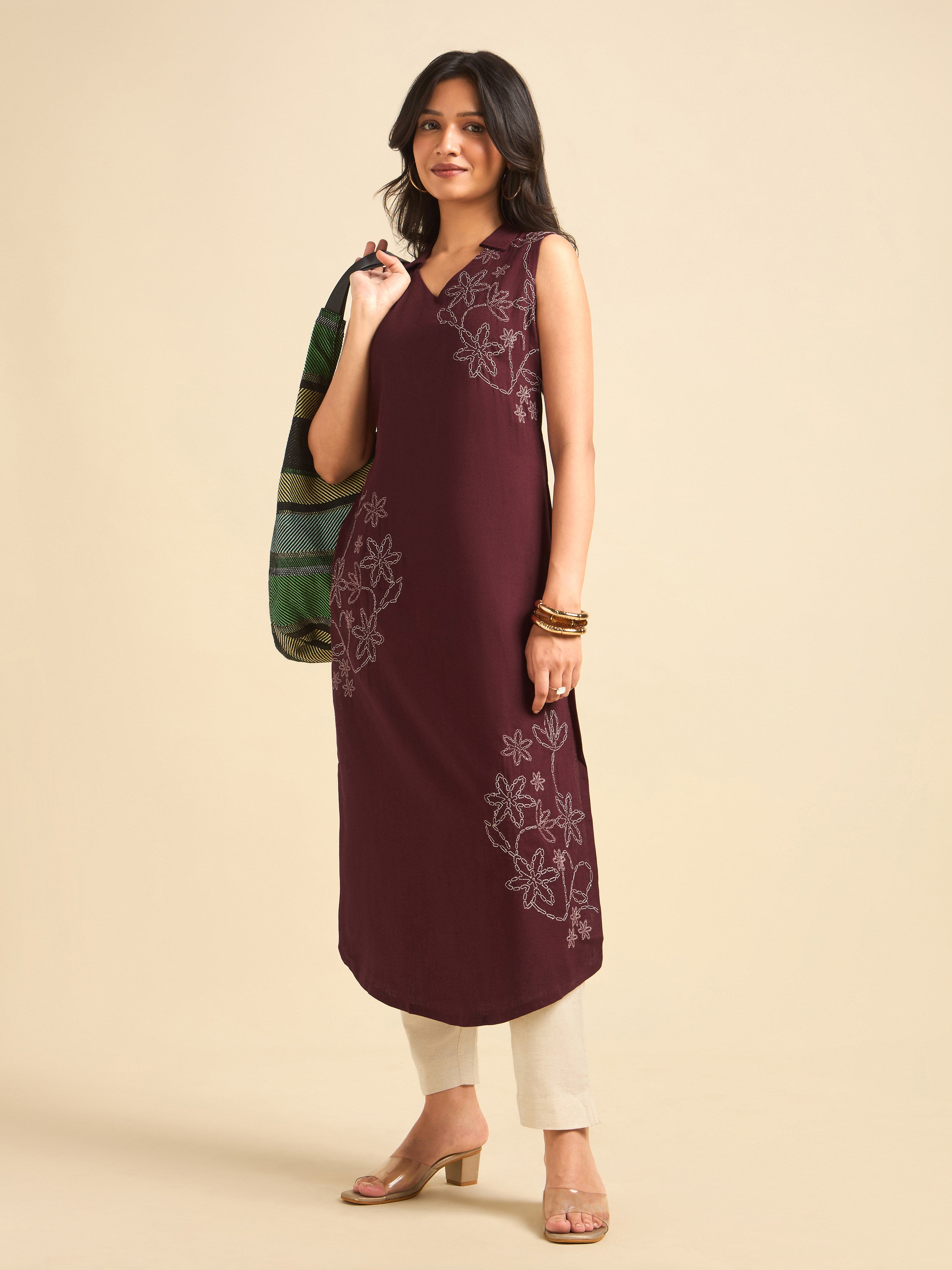Maroon Viscose Linen Plain Kurti With Embroidery
