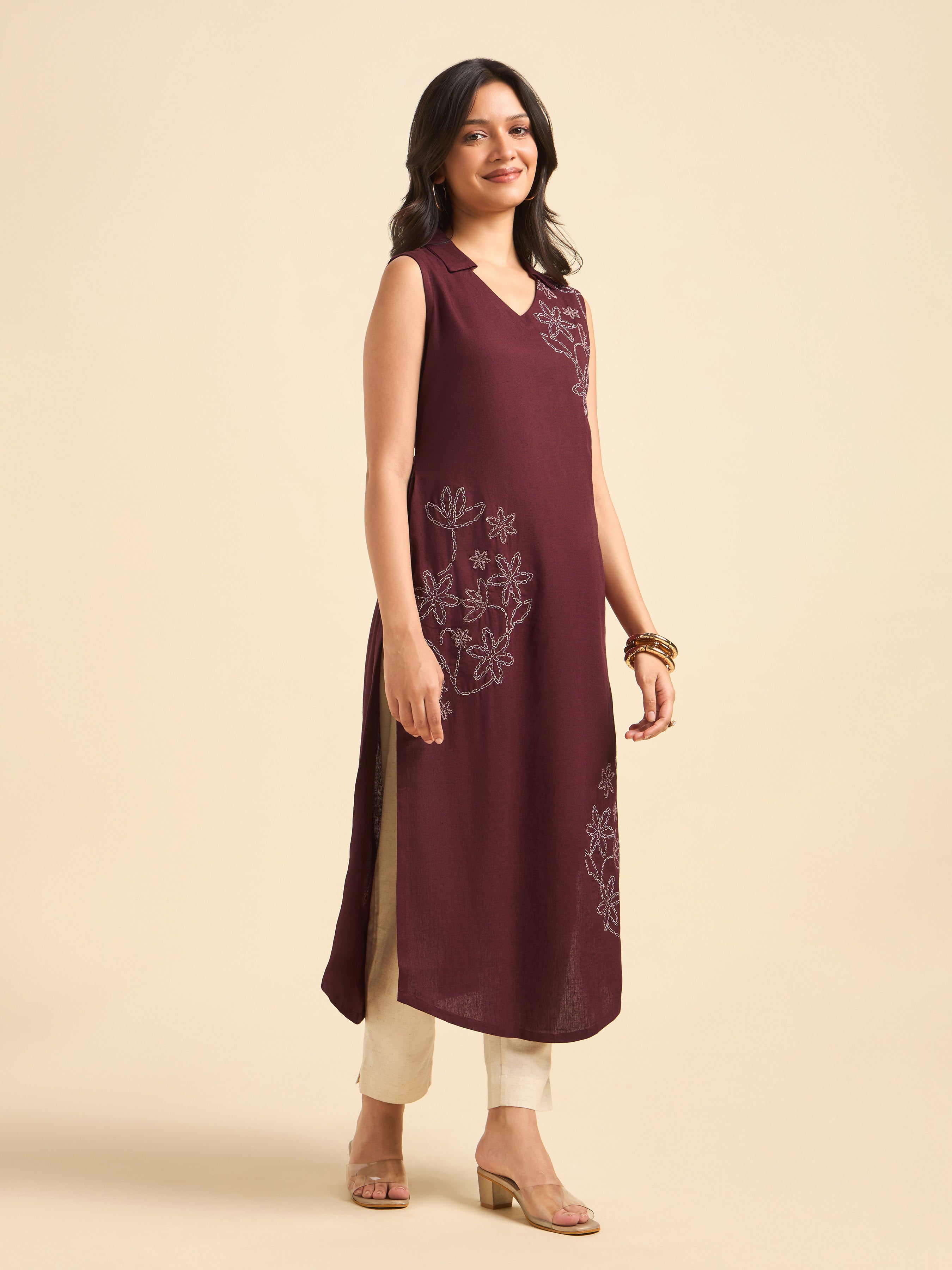 Maroon Viscose Linen Plain Kurti With Embroidery