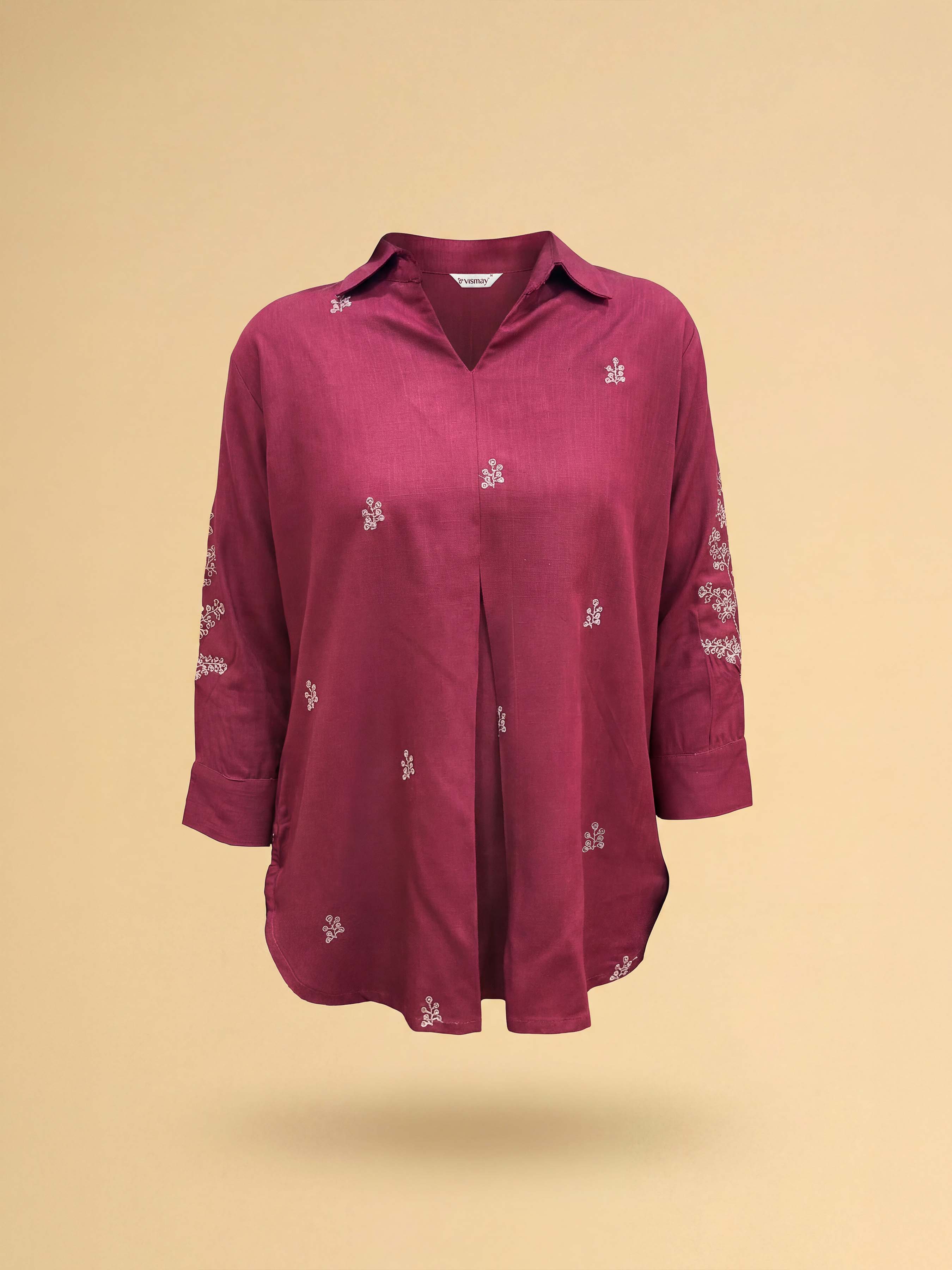 Maroon Viscose Linen Plain Tunic Set With Embroidery And Box Pleat