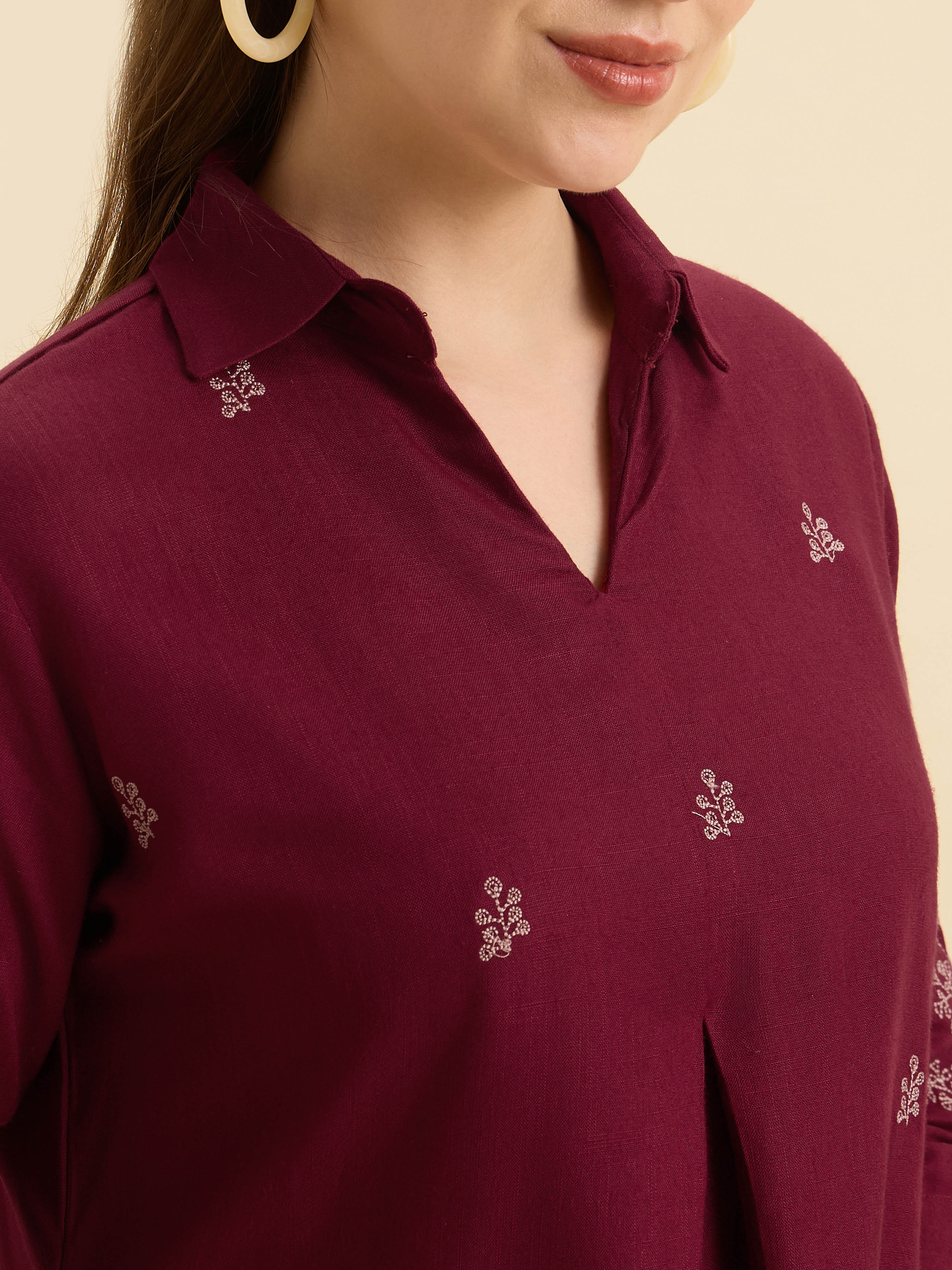 Maroon Viscose Linen Plain Tunic Set With Embroidery And Box Pleat