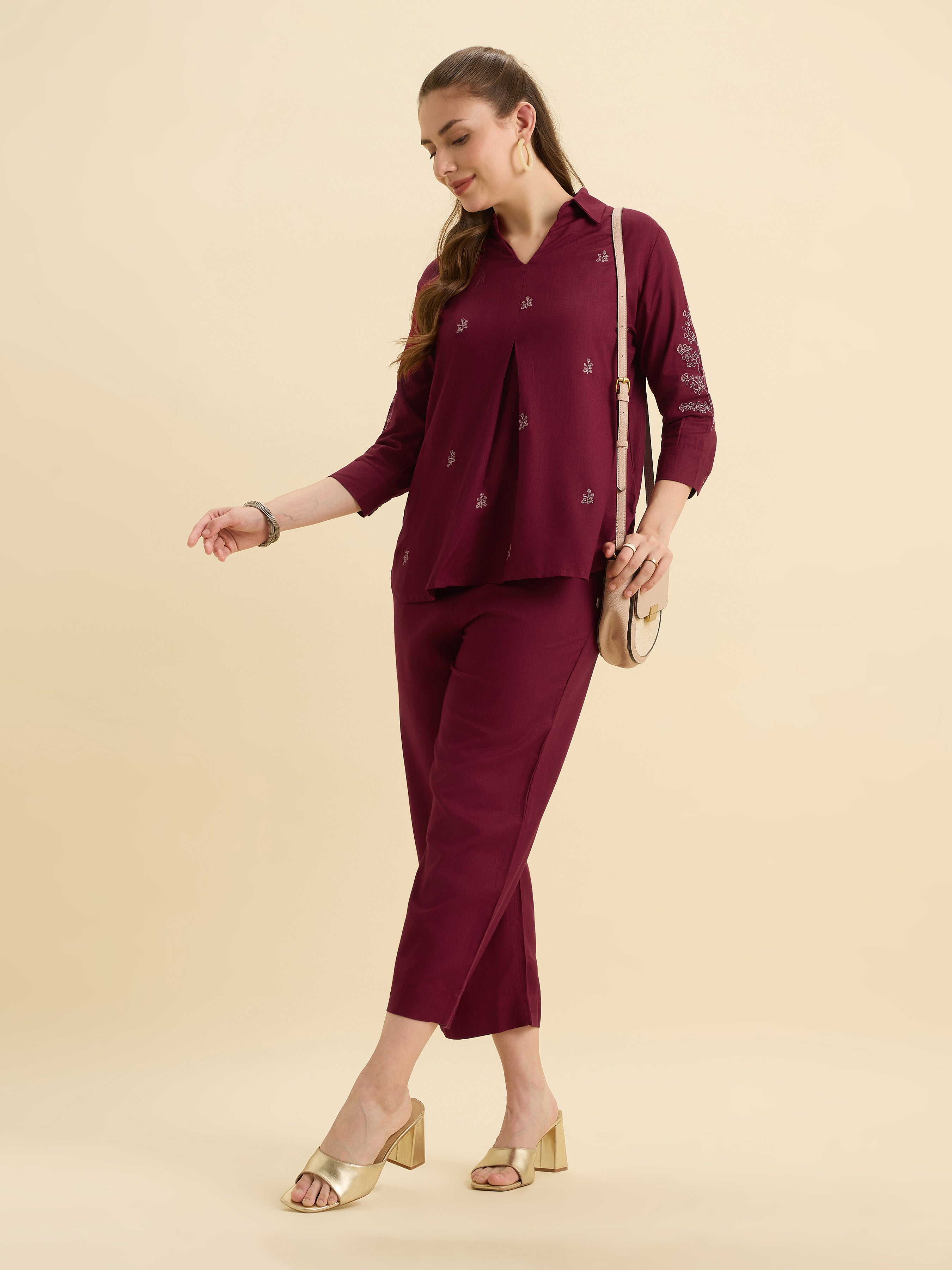 Maroon Viscose Linen Plain Tunic Set With Embroidery And Box Pleat