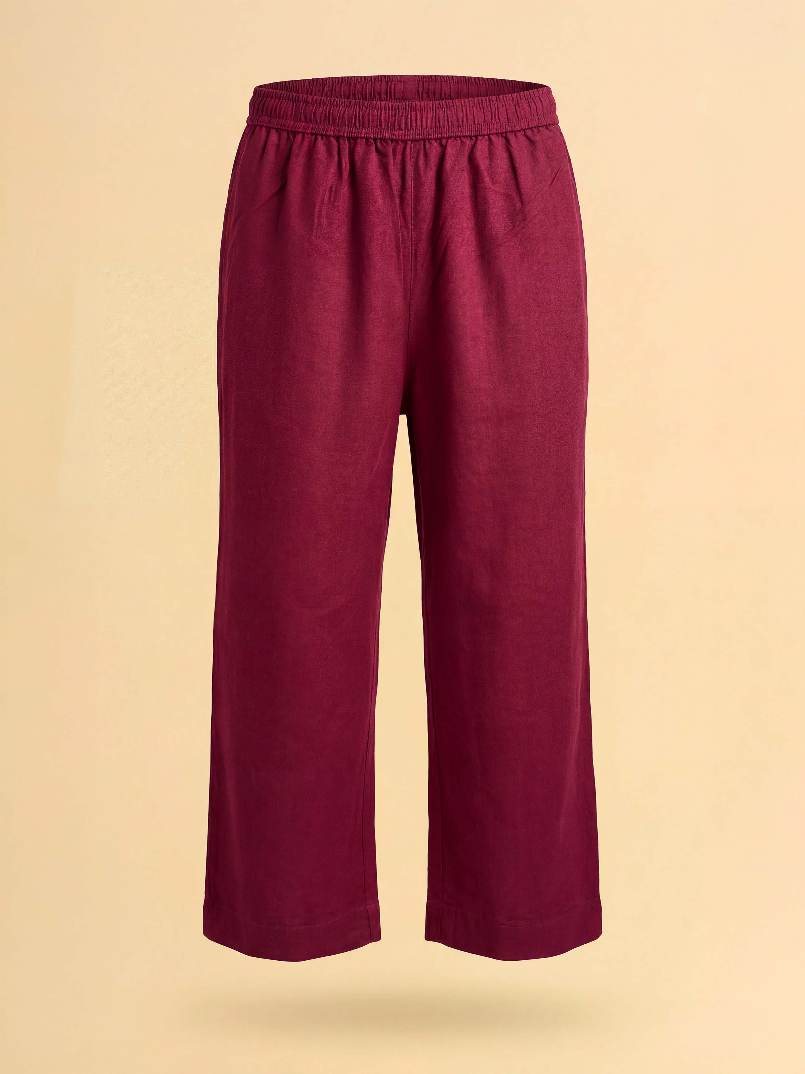 Maroon Viscose Linen Plain Tunic Set With Embroidery And Box Pleat