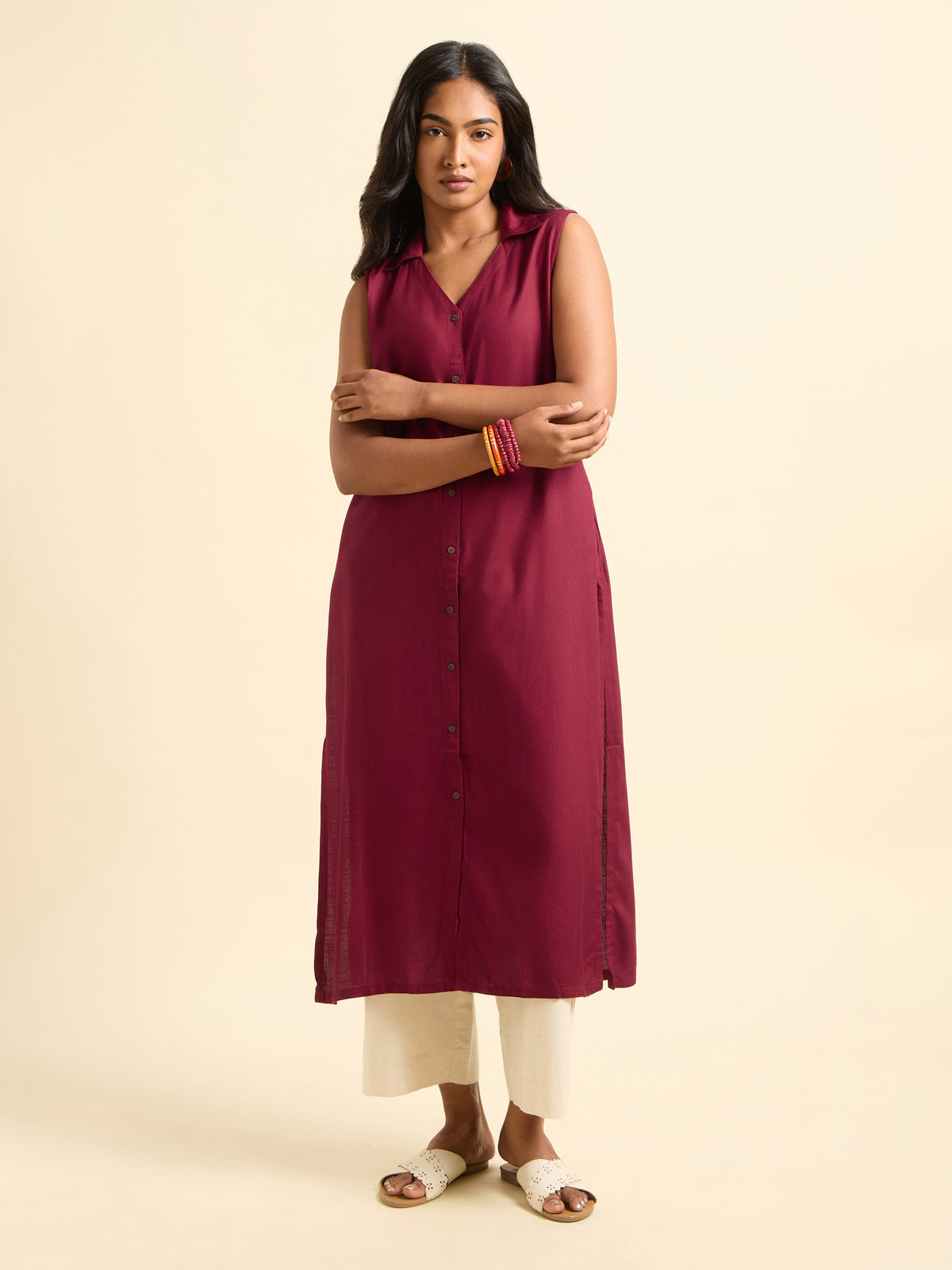 Maroon Viscose Plain Slitted Kurti With Centre Placket