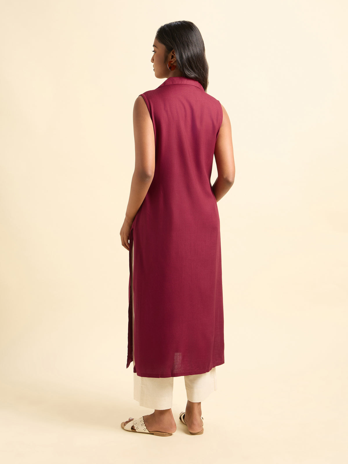Maroon Viscose Plain Slitted Kurti With Centre Placket
