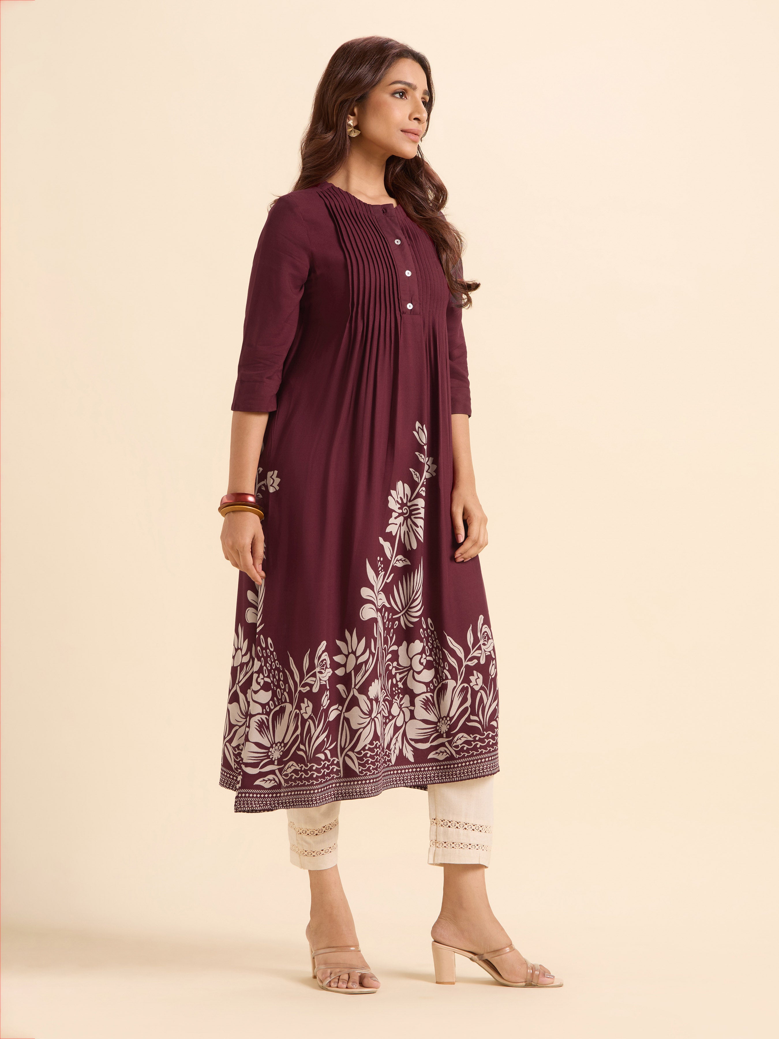 Maroon Viscose Printed Flared Kurti
