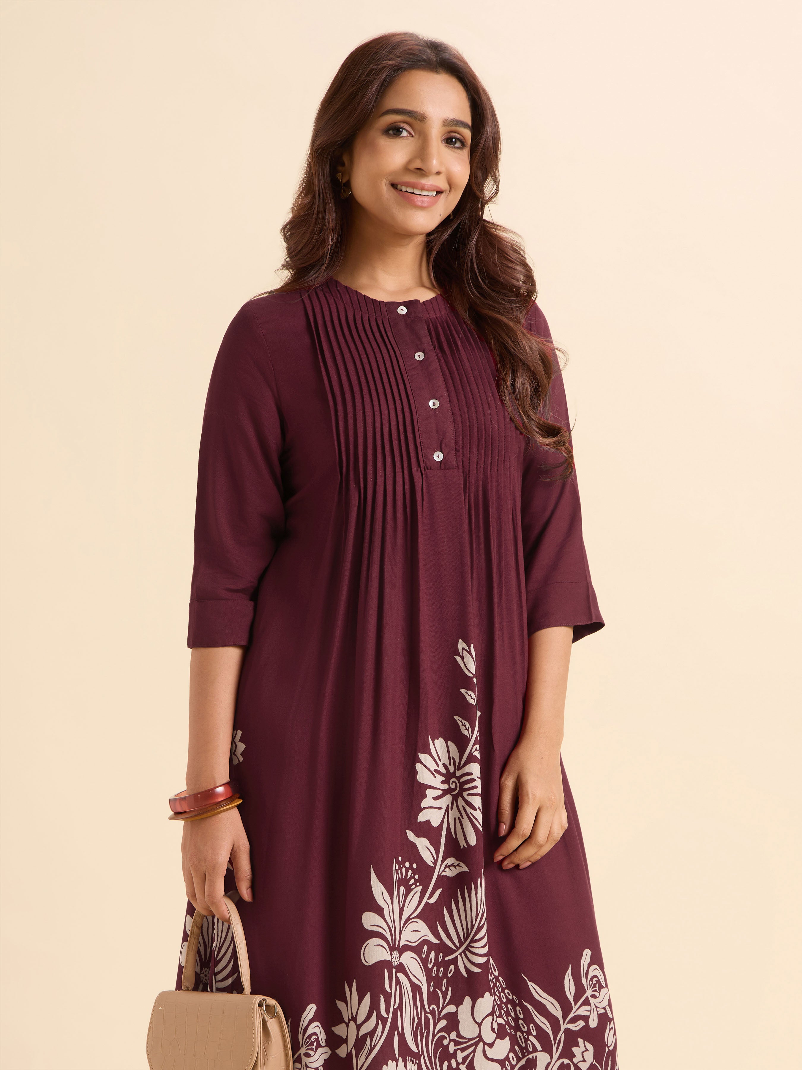 Maroon Viscose Printed Flared Kurti