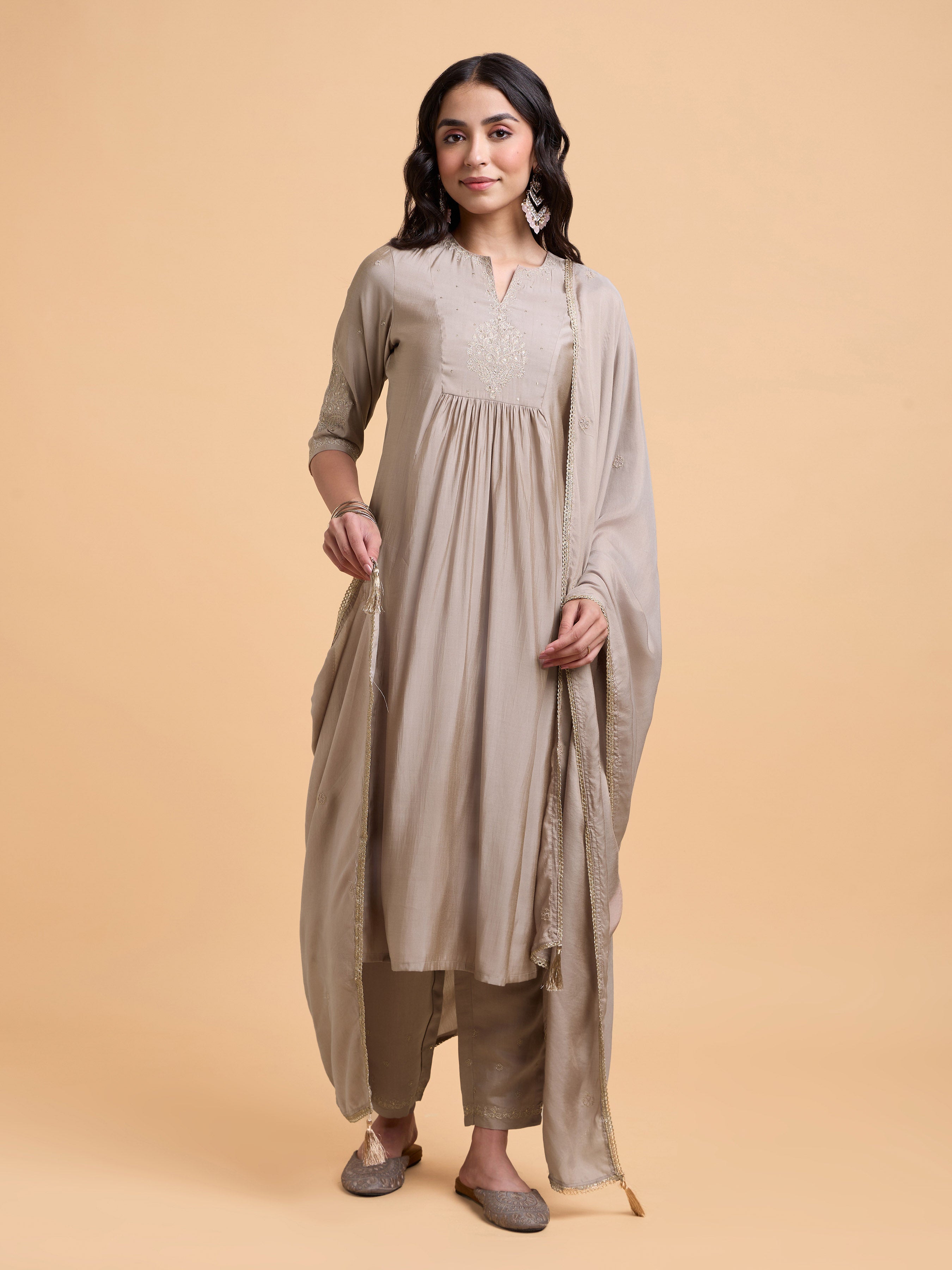 Mocha Colour Poly Viscose Plain Flared Kurti Set With Embroidery And Sequins Work