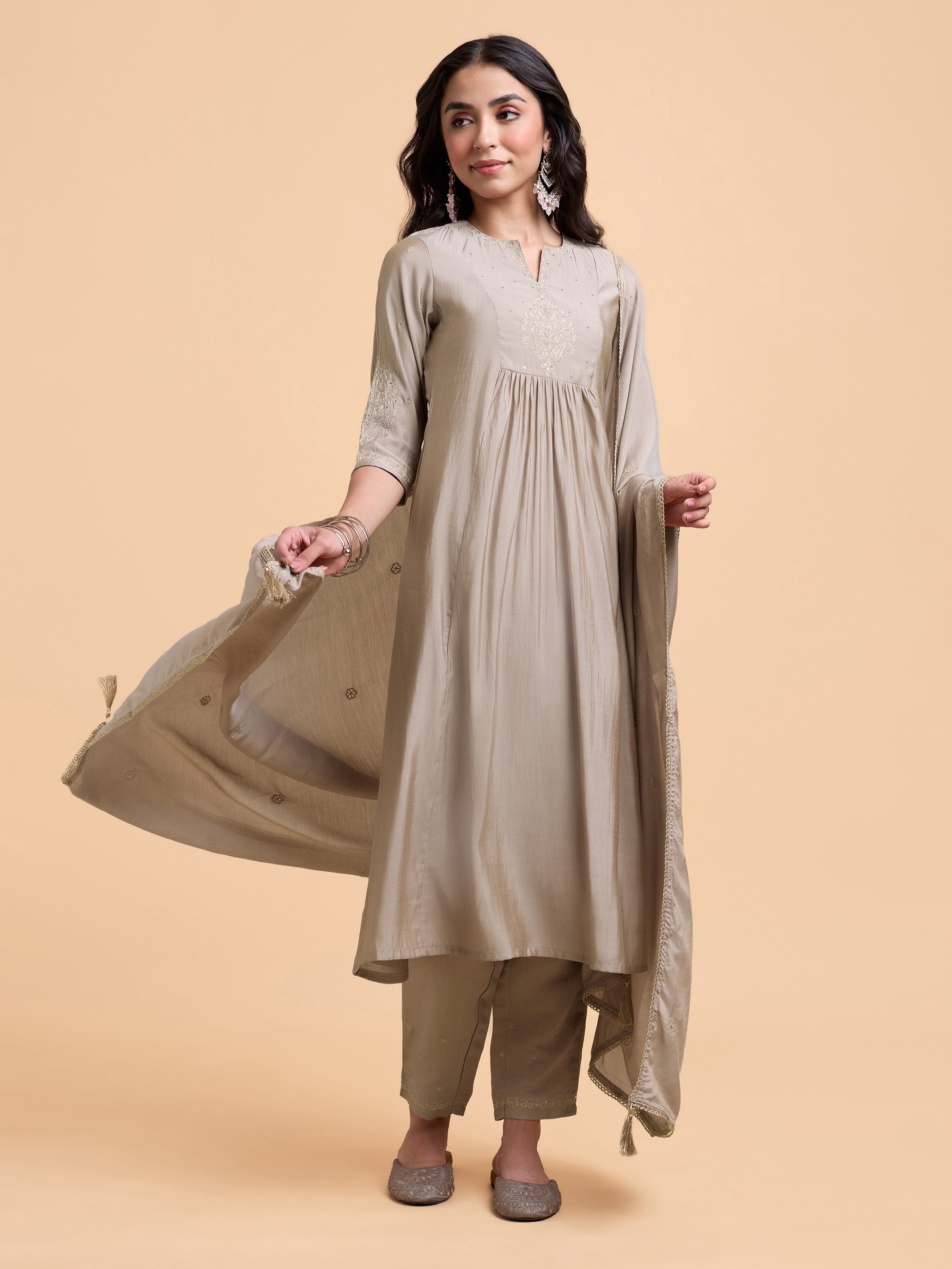 Mocha Colour Poly Viscose Plain Flared Kurti Set With Embroidery And Sequins Work