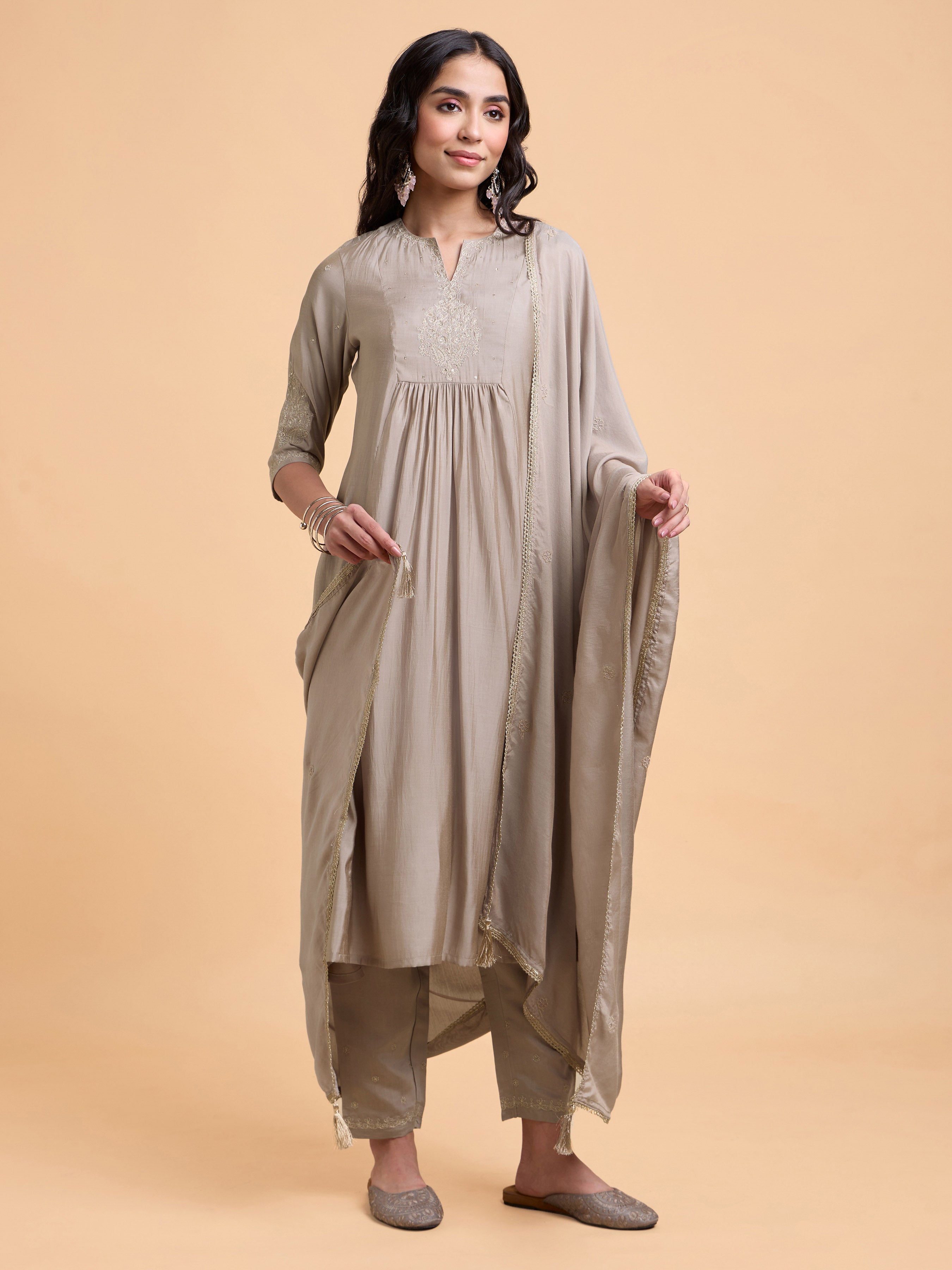 Mocha Colour Poly Viscose Plain Flared Kurti Set With Embroidery And Sequins Work