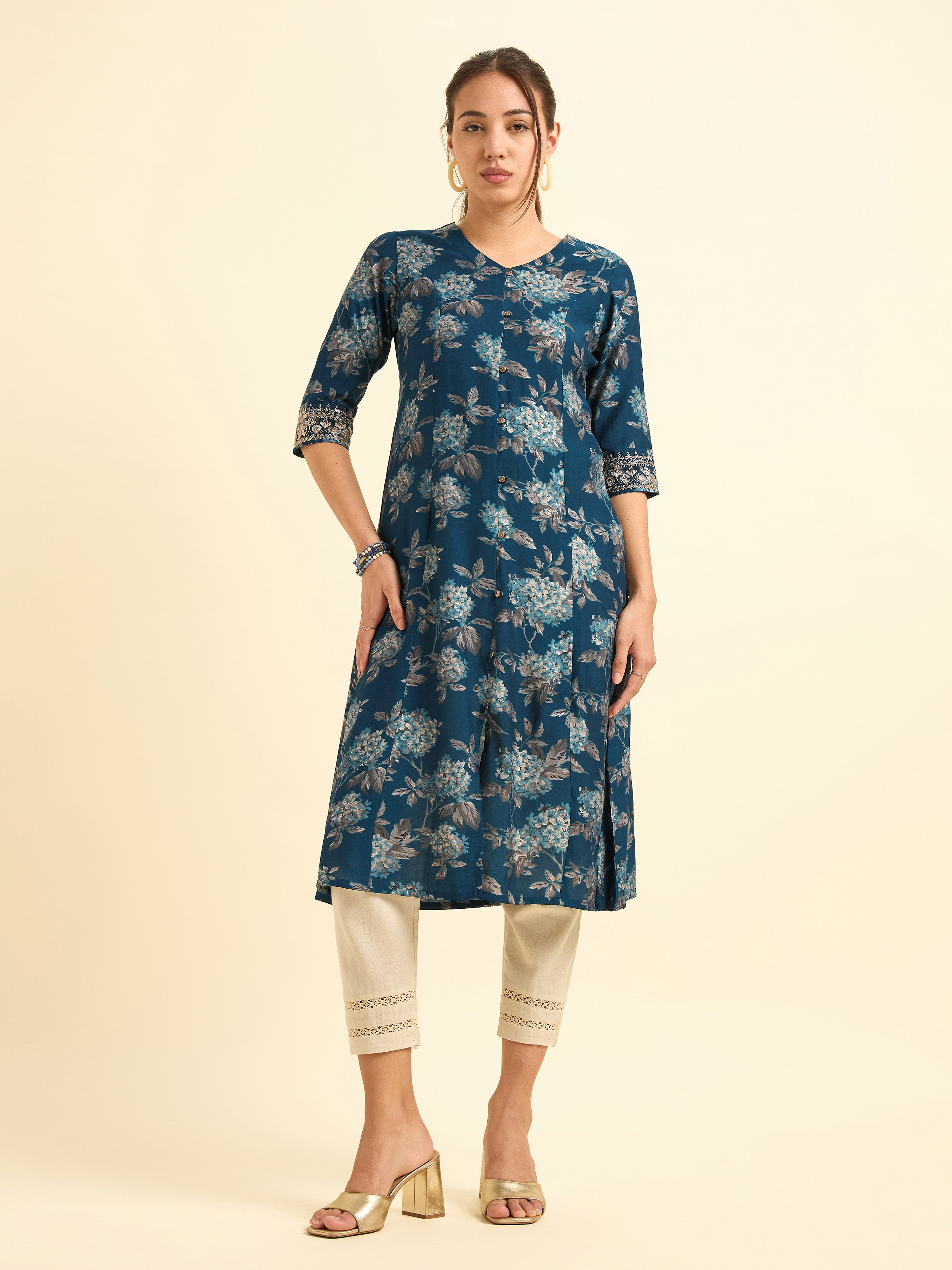 Multi-Colour Modal Chanderi Printed Flared Kurti With Embroidery And Sequins Work
