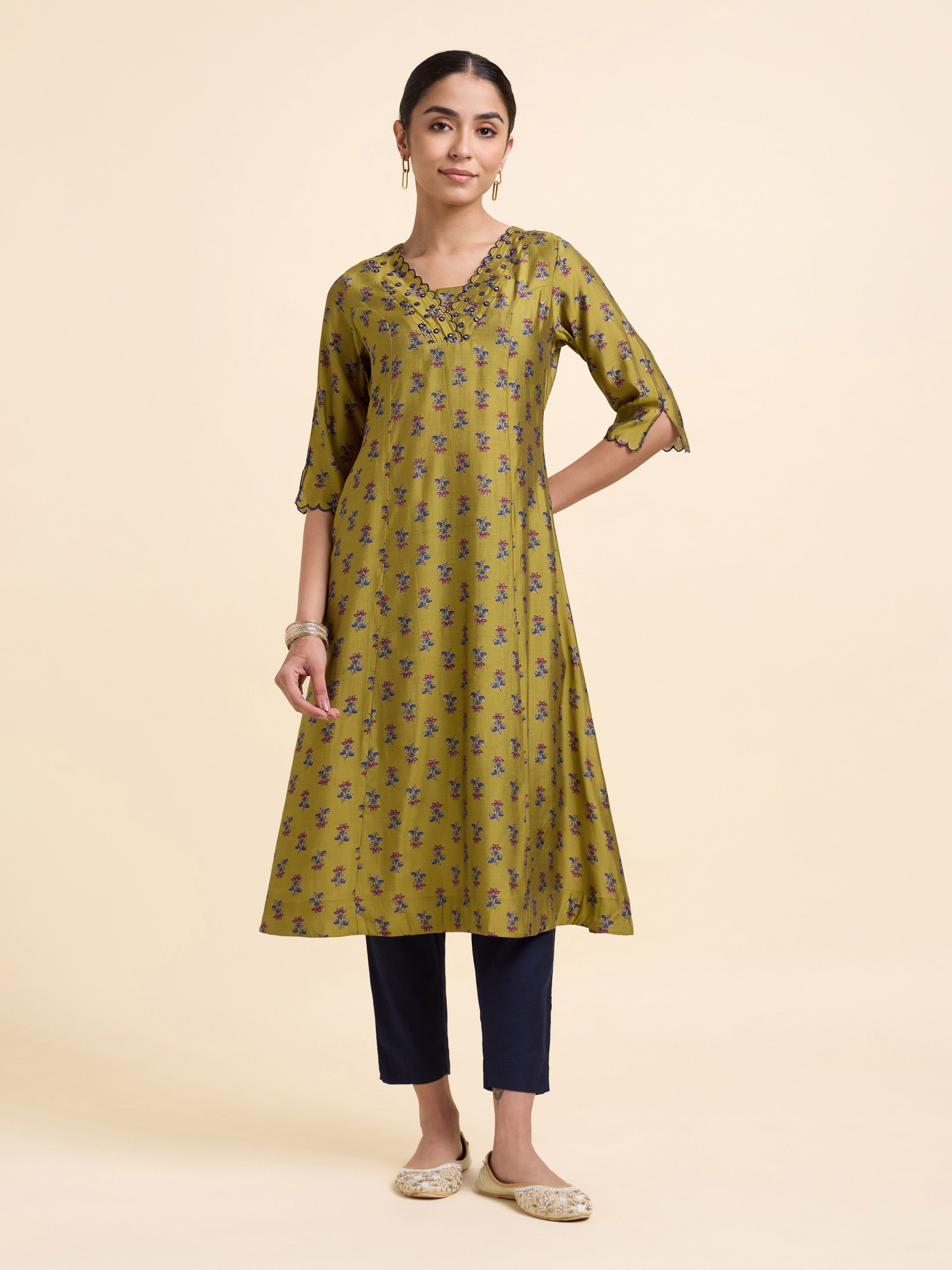 Mustard Multi Coloured Modal Chanderi Flared Princess Cut Printed Kurti With Mirror Work Embroidery
