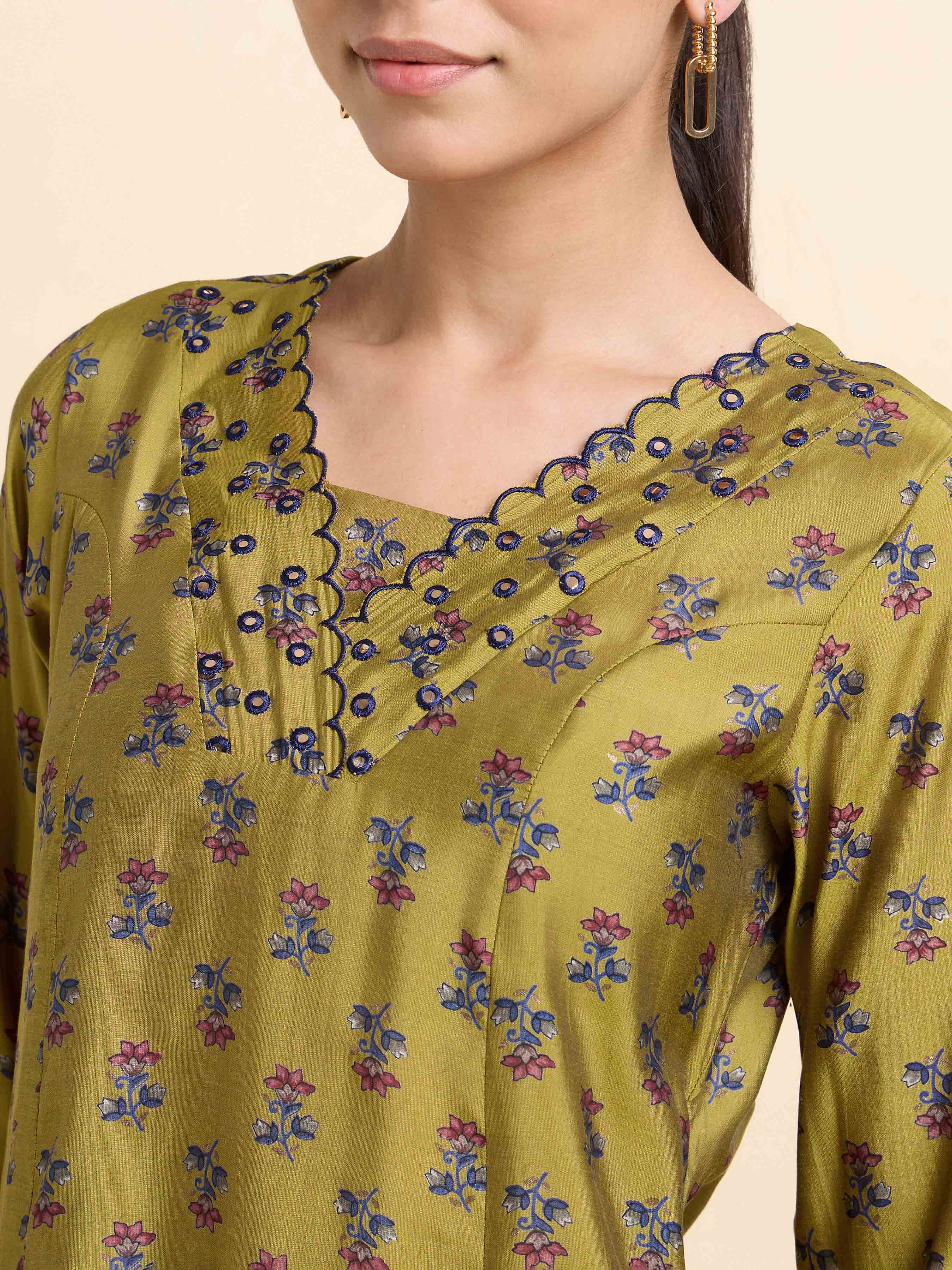 Mustard Multi Coloured Modal Chanderi Flared Princess Cut Printed Kurti With Mirror Work Embroidery