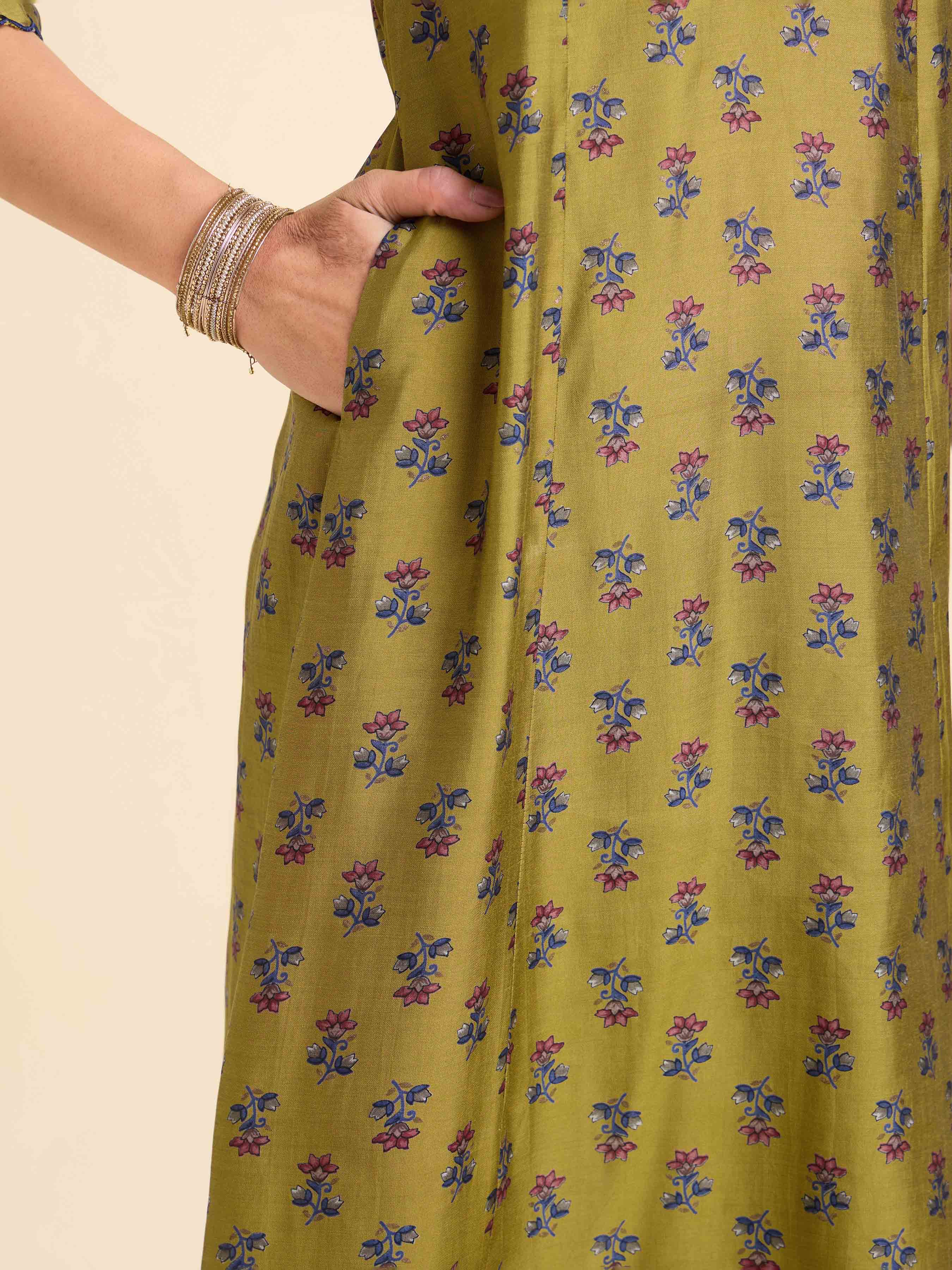 Mustard Multi Coloured Modal Chanderi Flared Princess Cut Printed Kurti With Mirror Work Embroidery