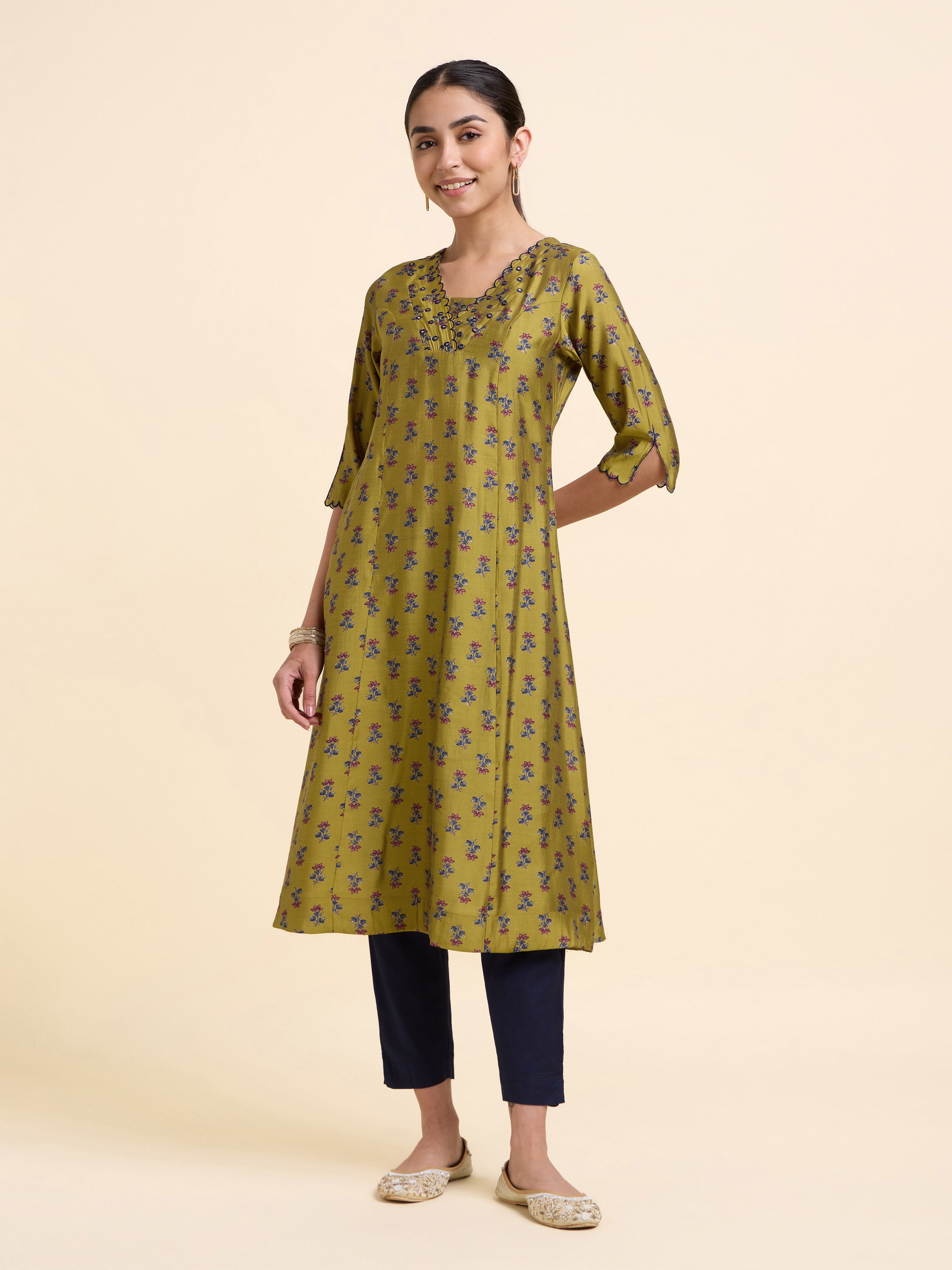 Mustard Multi Coloured Modal Chanderi Flared Princess Cut Printed Kurti With Mirror Work Embroidery