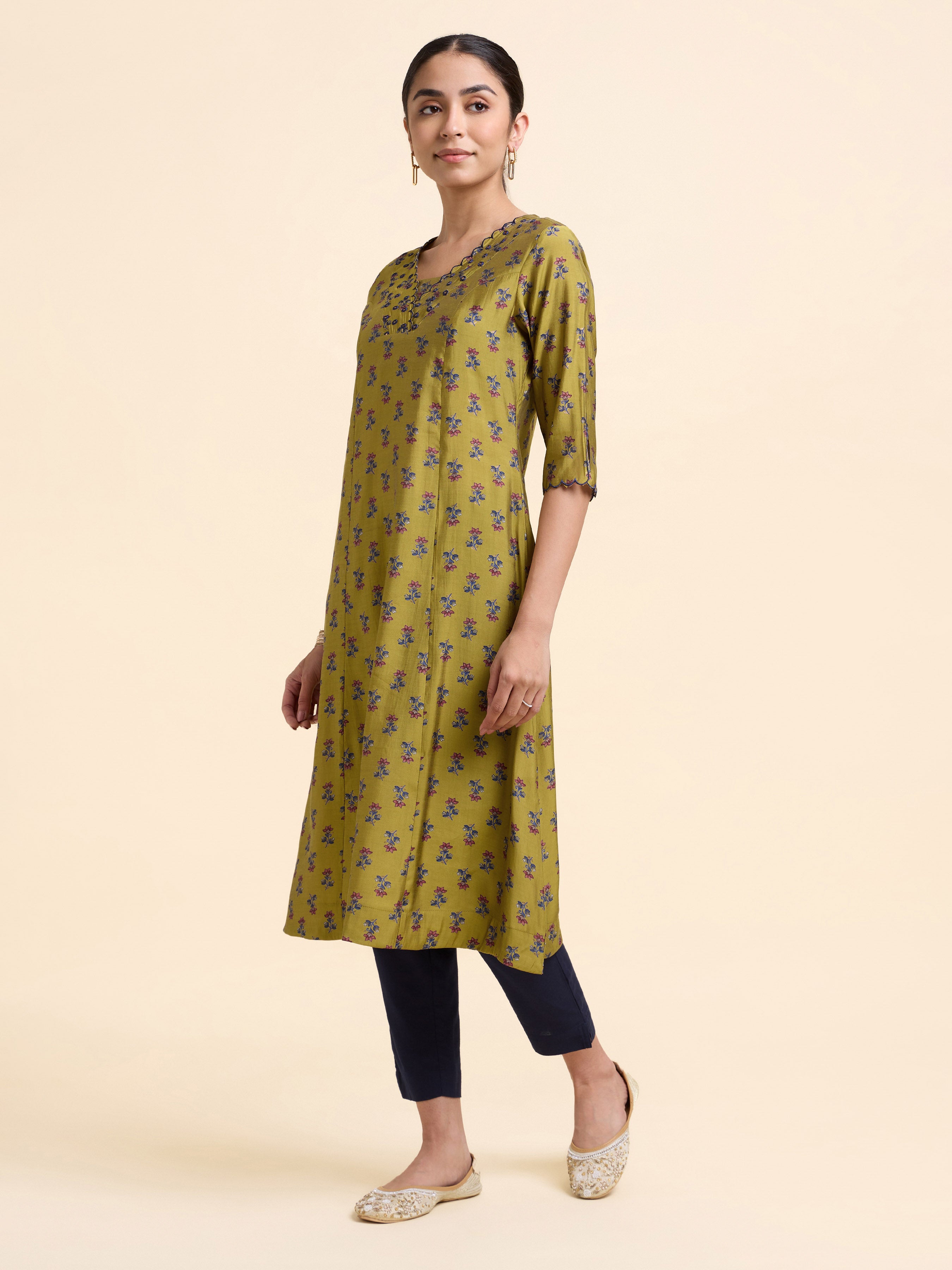 Mustard Multi Coloured Modal Chanderi Flared Princess Cut Printed Kurti With Mirror Work Embroidery