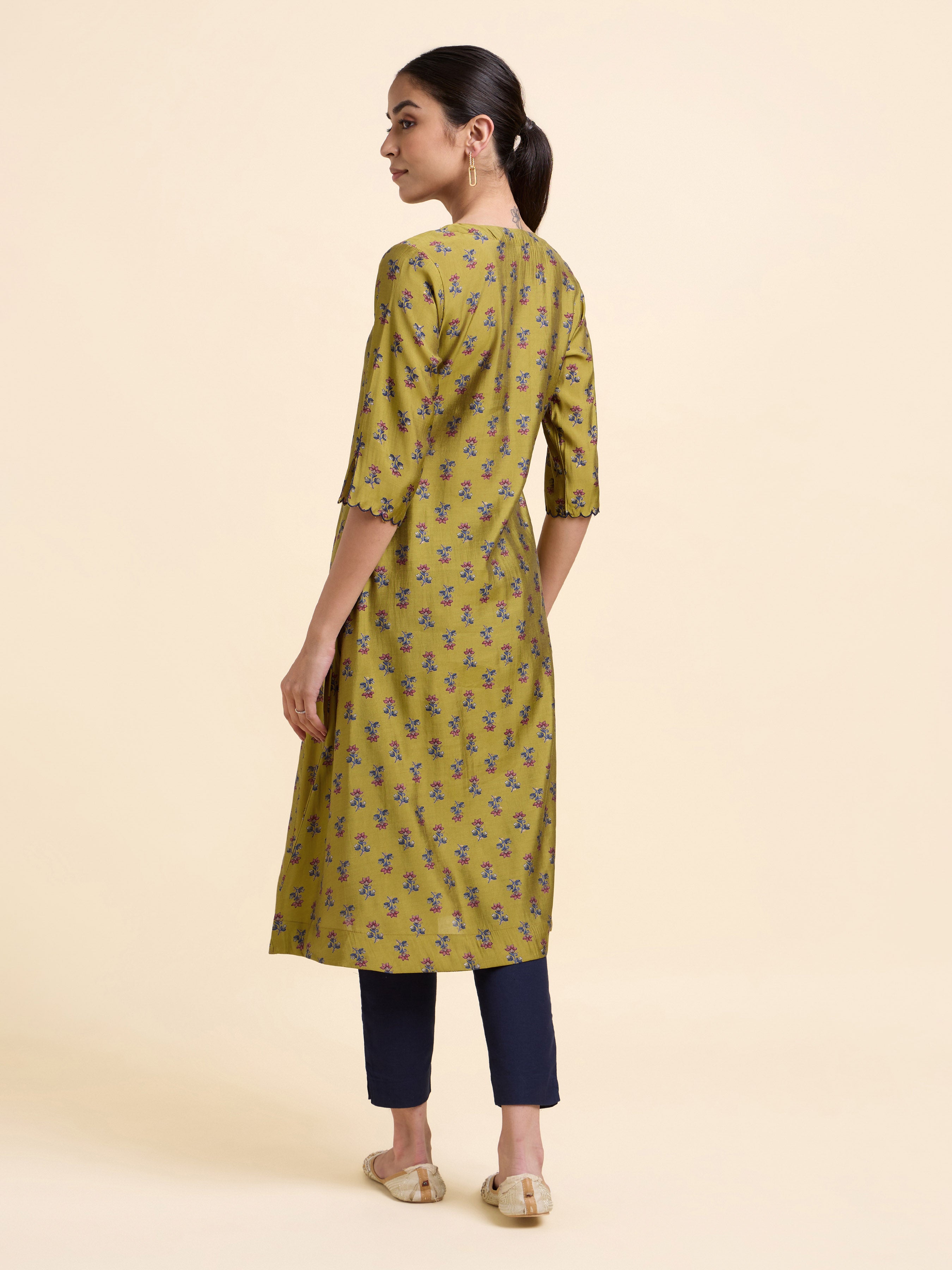 Mustard Multi Coloured Modal Chanderi Flared Princess Cut Printed Kurti With Mirror Work Embroidery