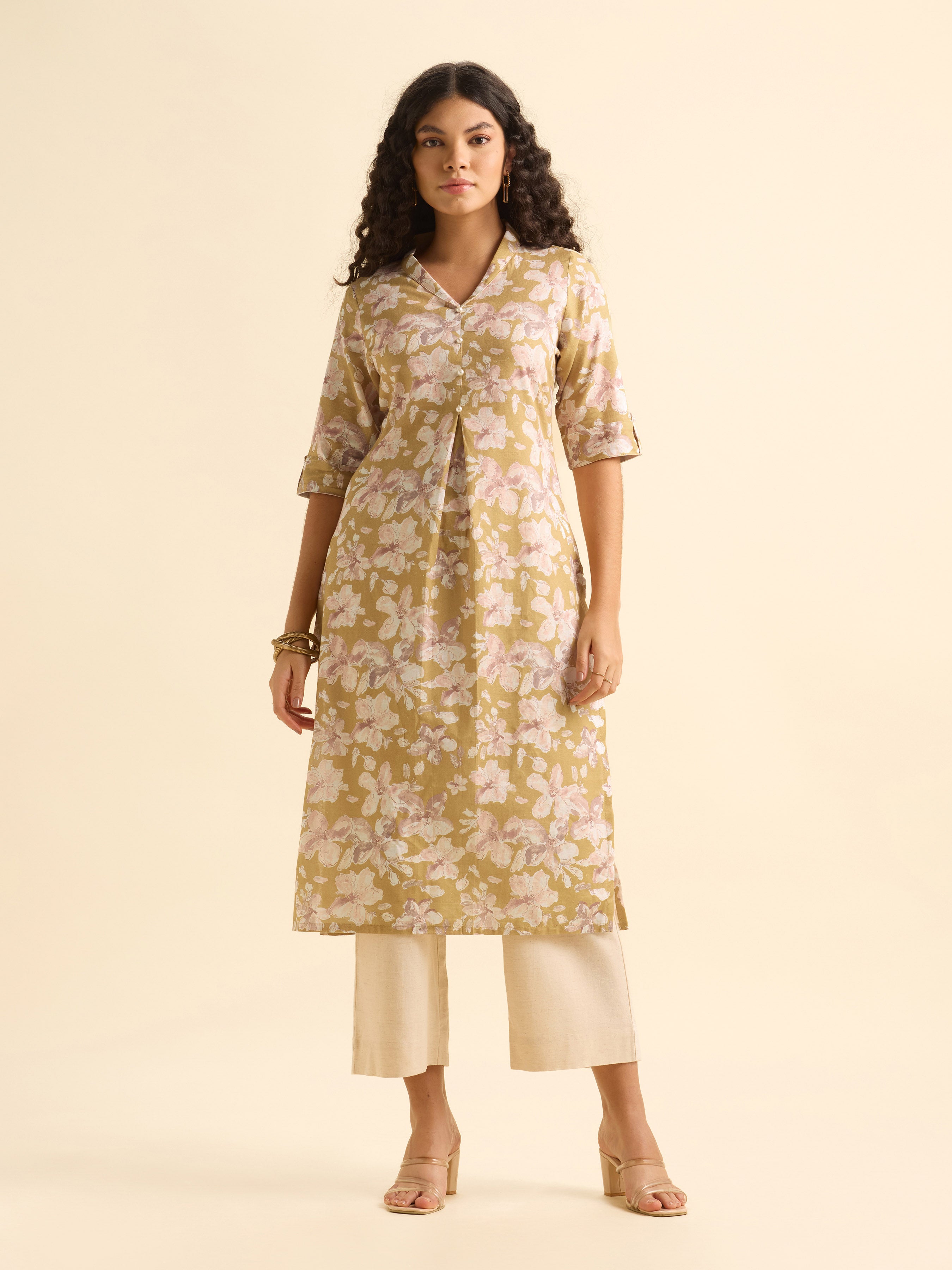 Mustard Multicolour Cotton Flax Slub Slitted Printed Kurti With Cuban Collar