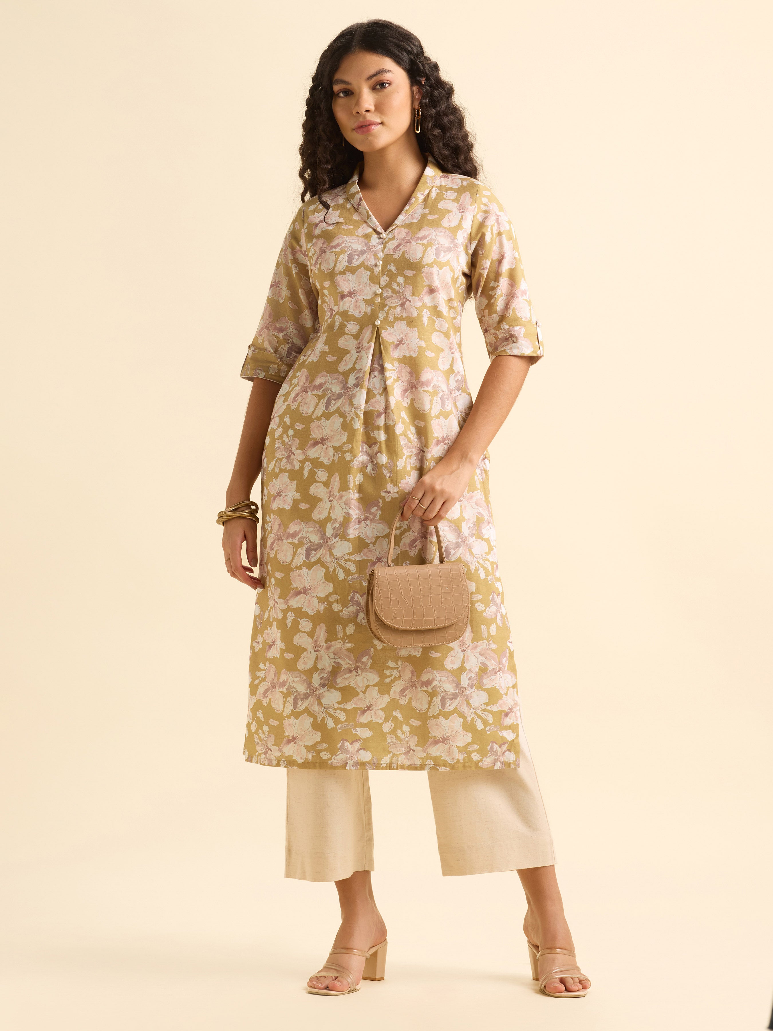 Mustard Multicolour Cotton Flax Slub Slitted Printed Kurti With Cuban Collar