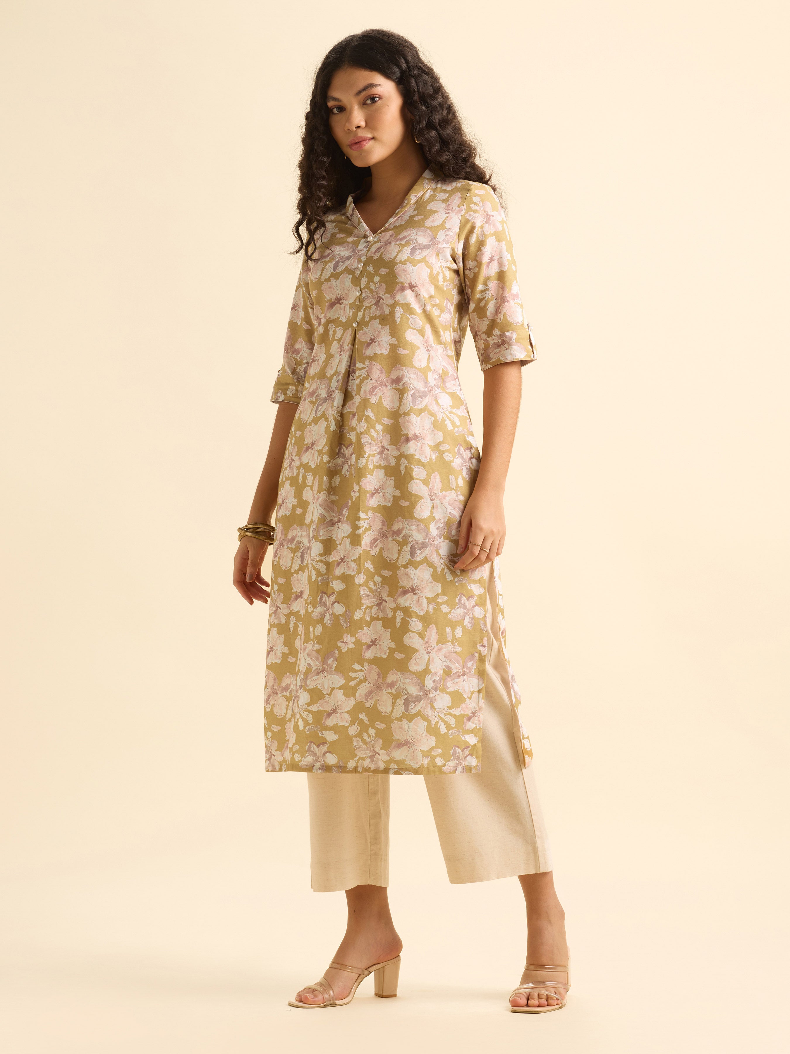 Mustard Multicolour Cotton Flax Slub Slitted Printed Kurti With Cuban Collar