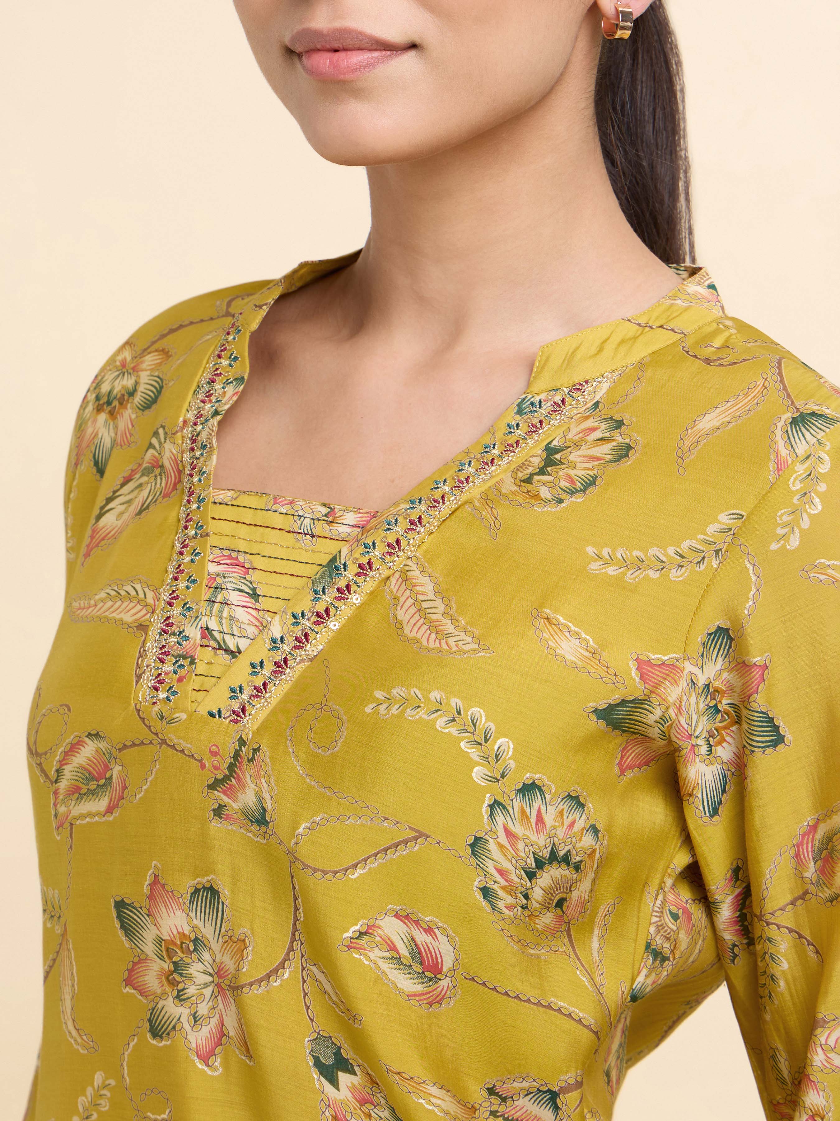 Mustard Multicolour Mull Chanderi Printed Slitted Kurti With Embroidery