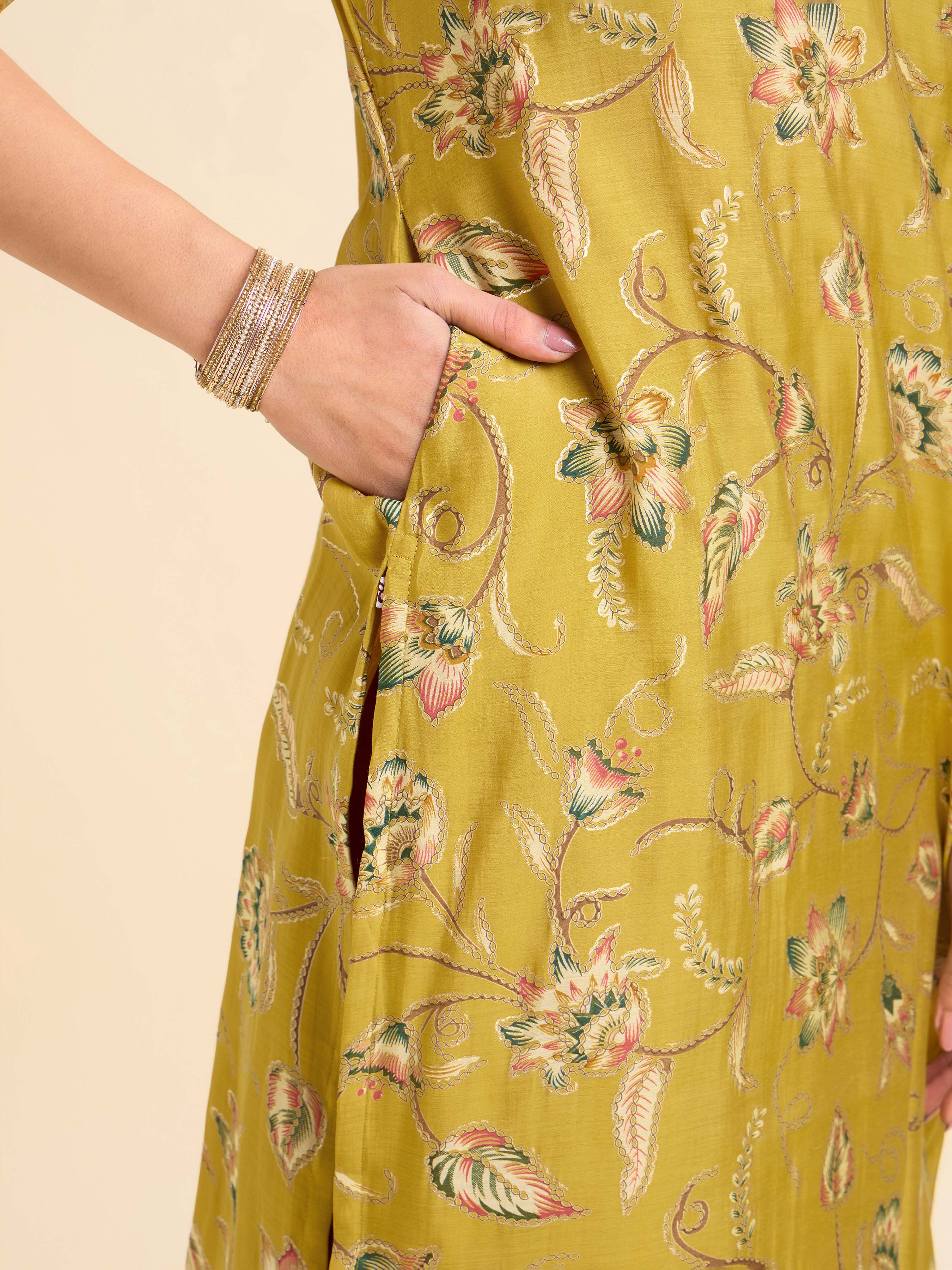 Mustard Multicolour Mull Chanderi Printed Slitted Kurti With Embroidery