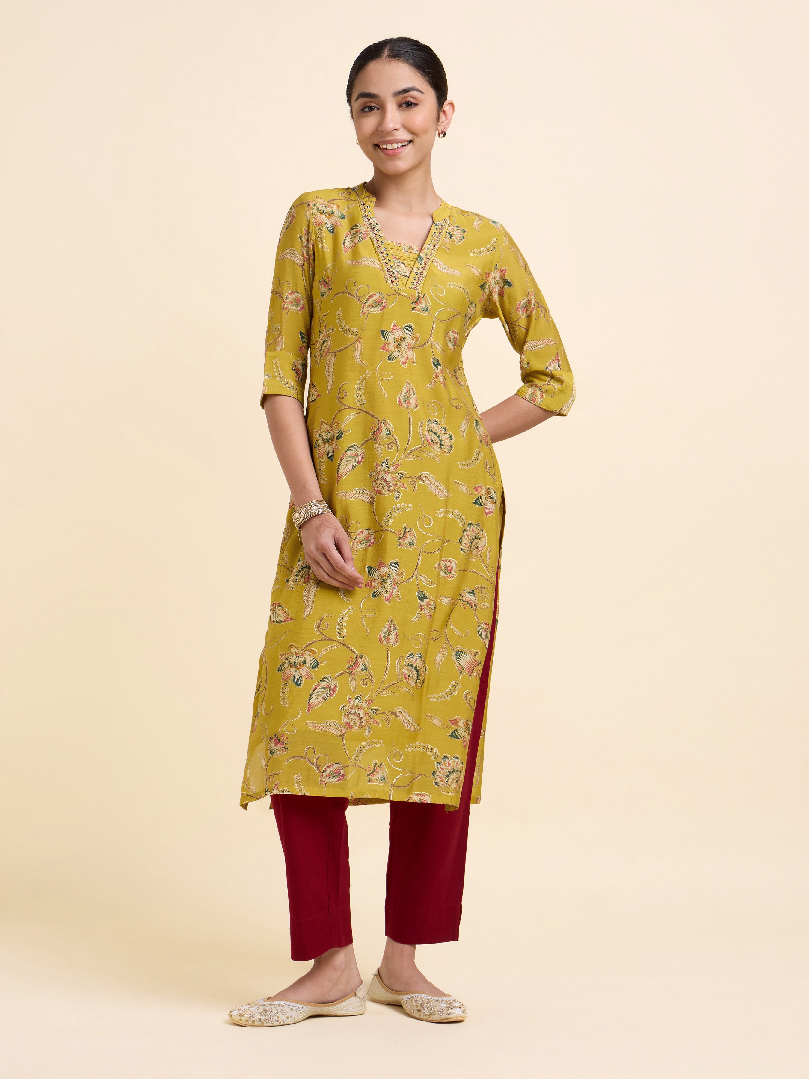 Mustard Multicolour Mull Chanderi Printed Slitted Kurti With Embroidery