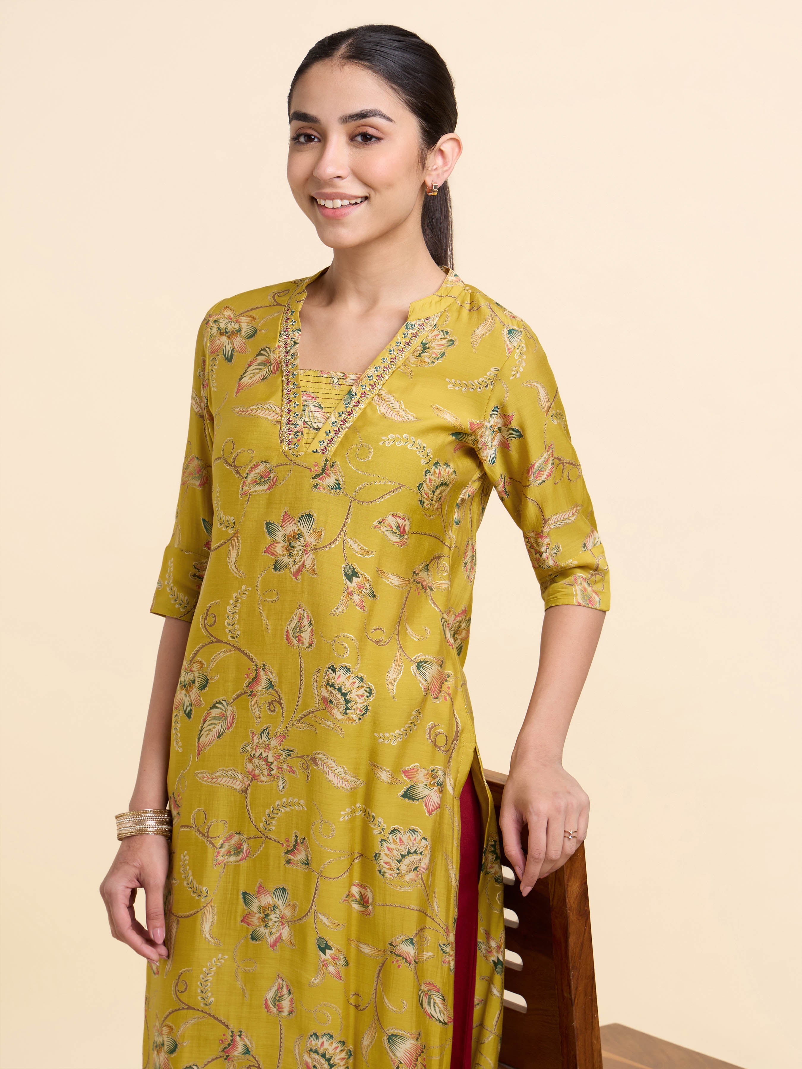 Mustard Multicolour Mull Chanderi Printed Slitted Kurti With Embroidery