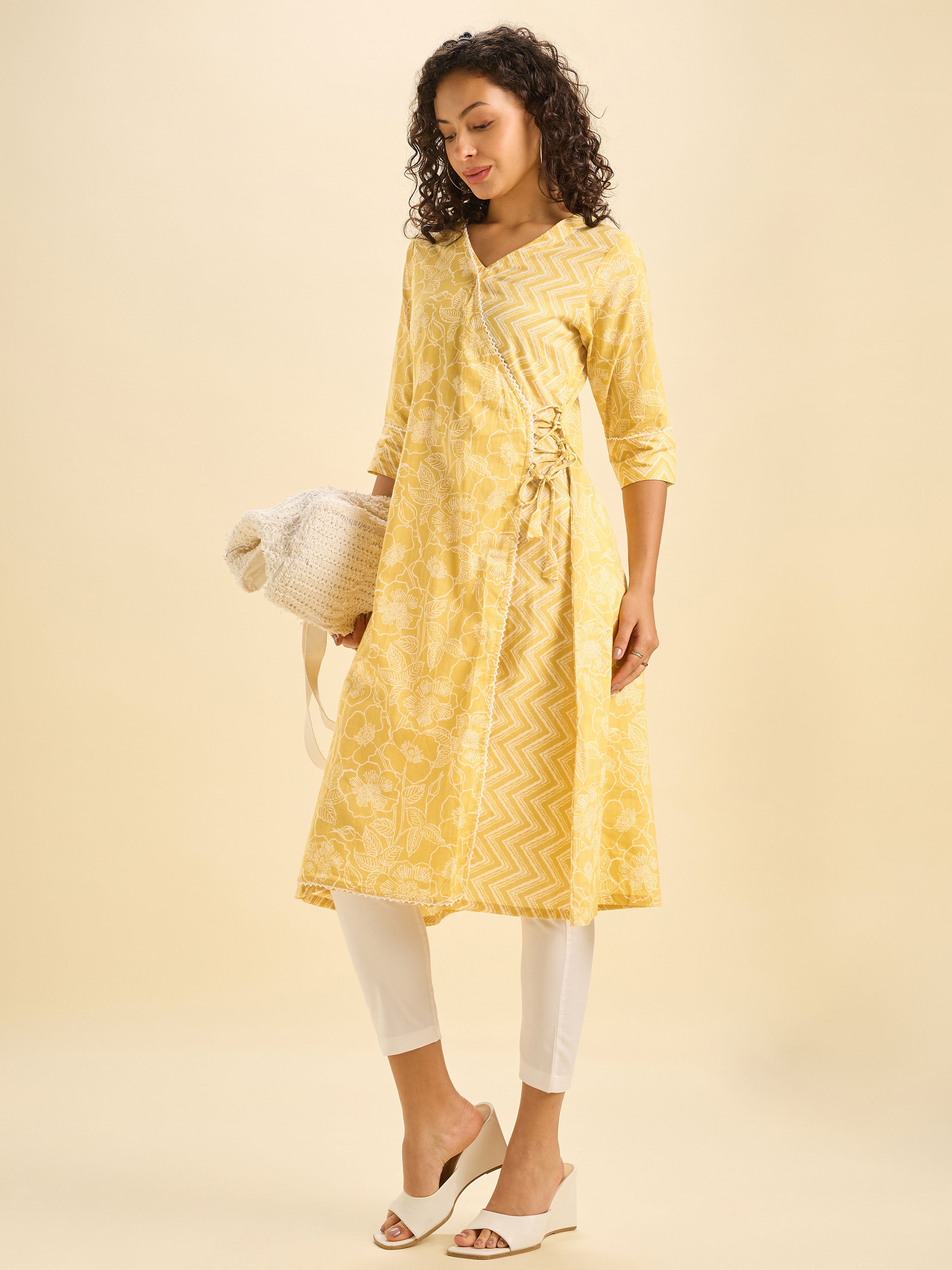 Mustard White Cotton Printed Flared Angrakha Kurti With Lace