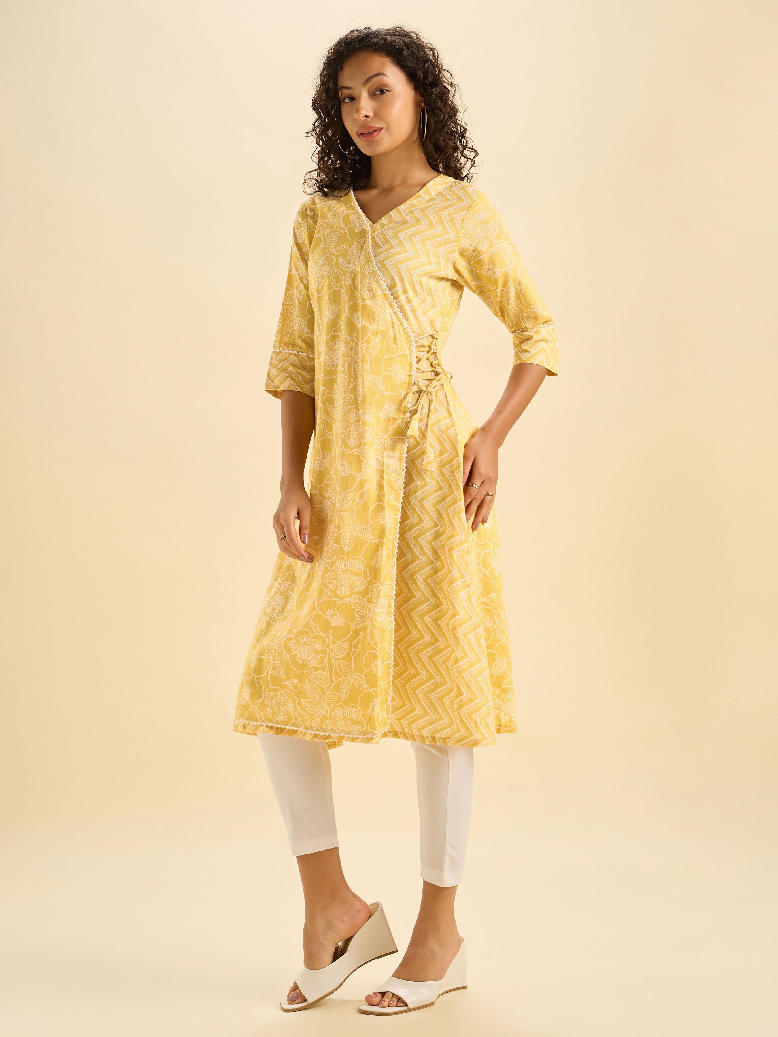 Mustard White Cotton Printed Flared Angrakha Kurti With Lace