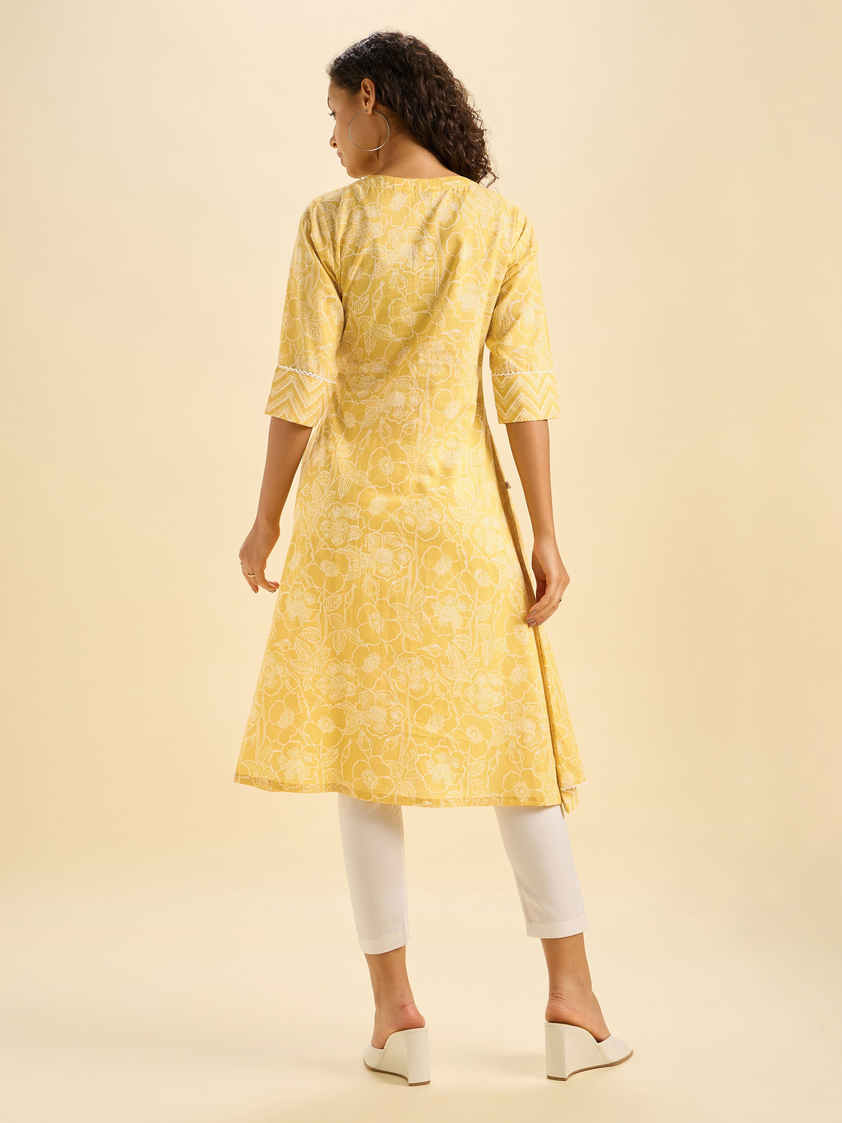 Mustard White Cotton Printed Flared Angrakha Kurti With Lace
