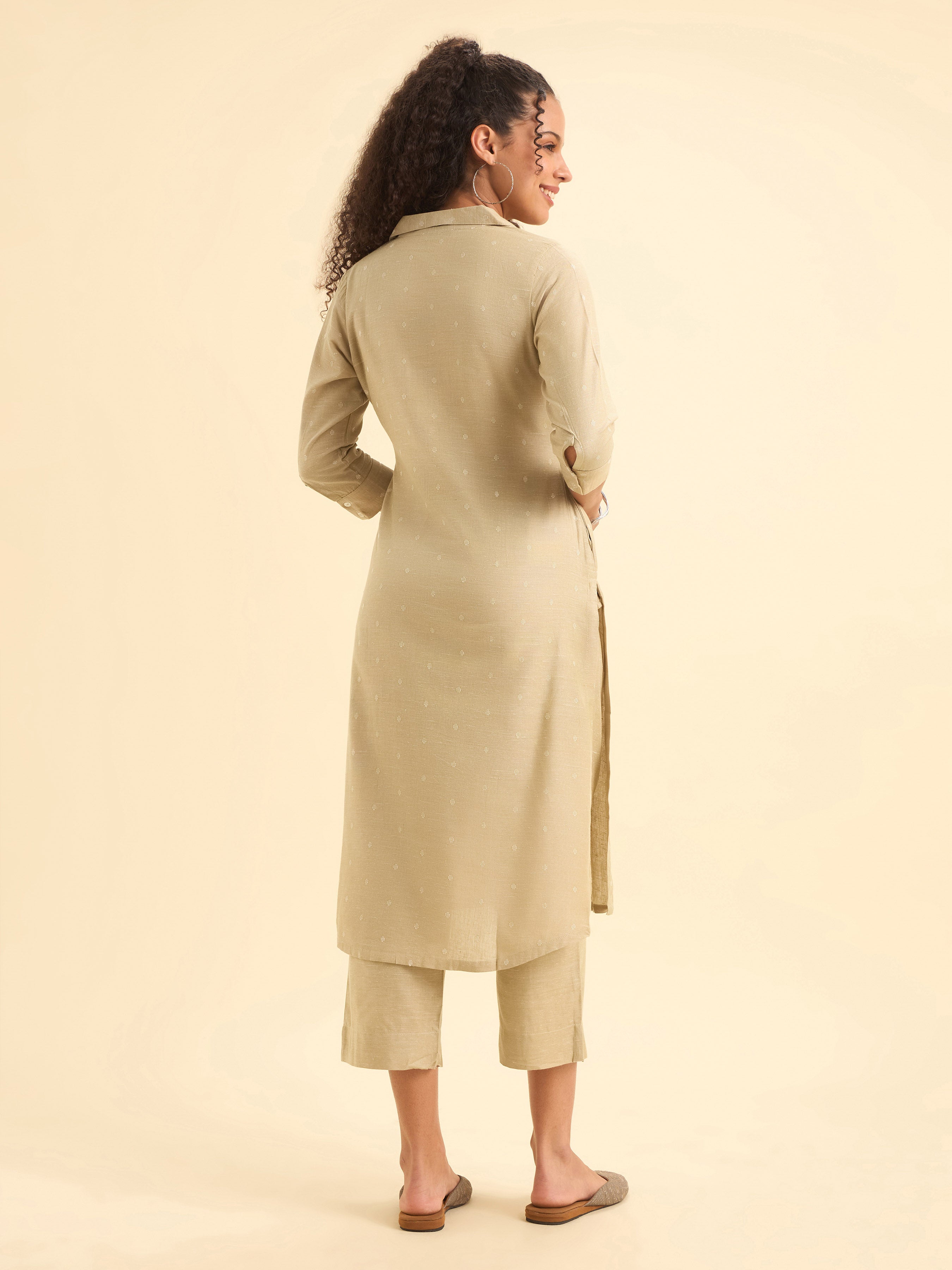 Beige Cotton Dobby Plain Slitted Kurti Set With Curved Hem Line